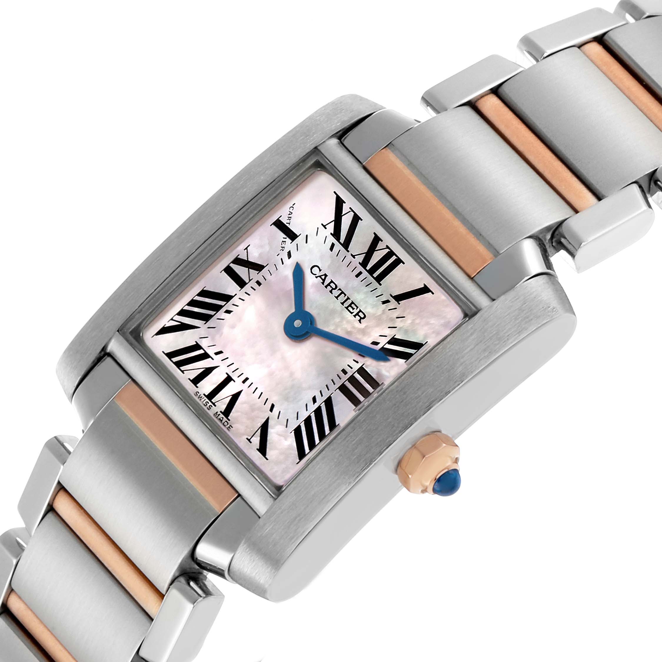 The Cartier Tank Francaise W51027Q4 Women's Steel and Gold (two tone) Silver Dial watch is shown at an angled view, highlighting the face, bezel, crown, and part of its metal bracelet.
