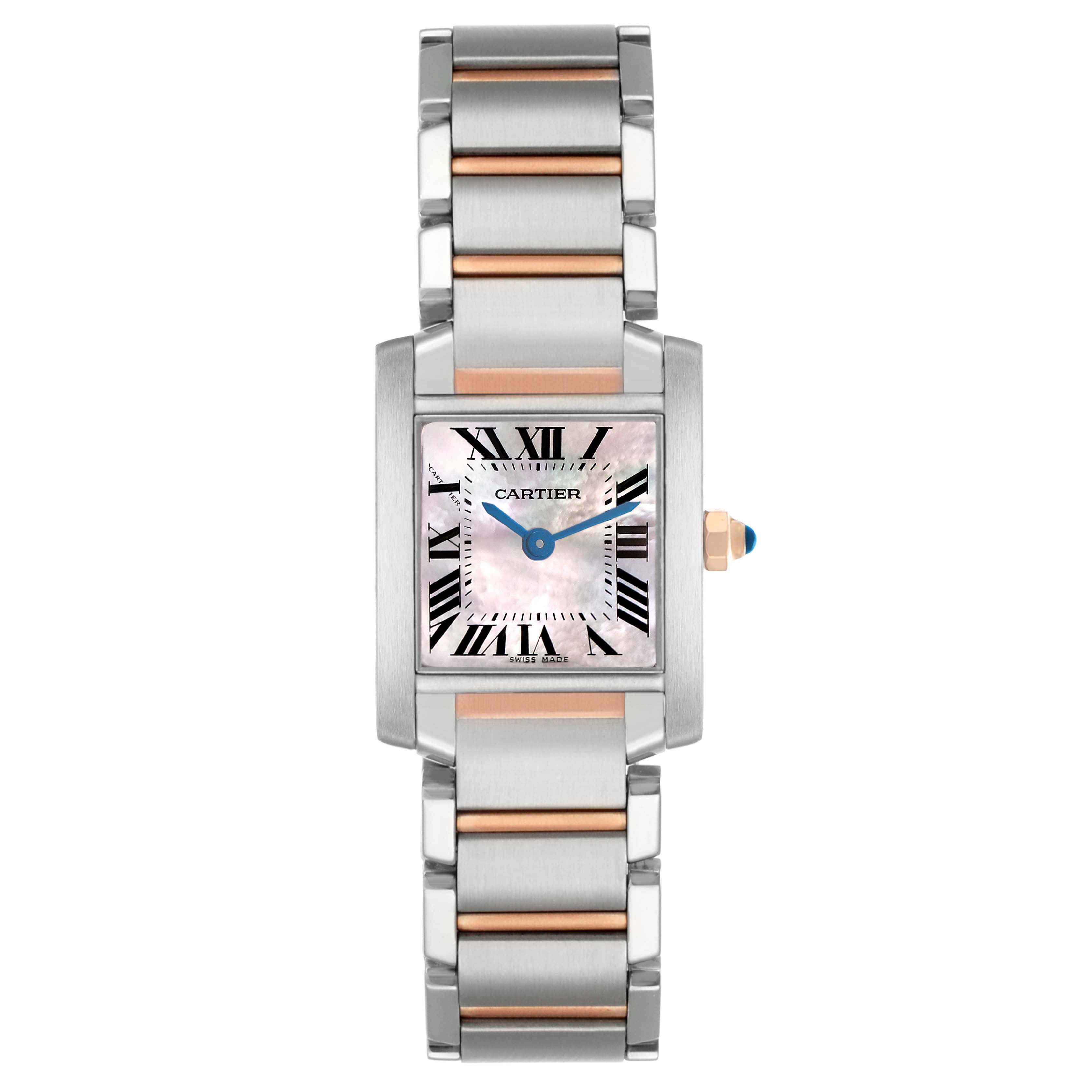 The Cartier Tank Française watch is shown from a front angle, displaying its face, bracelet, and crown.
