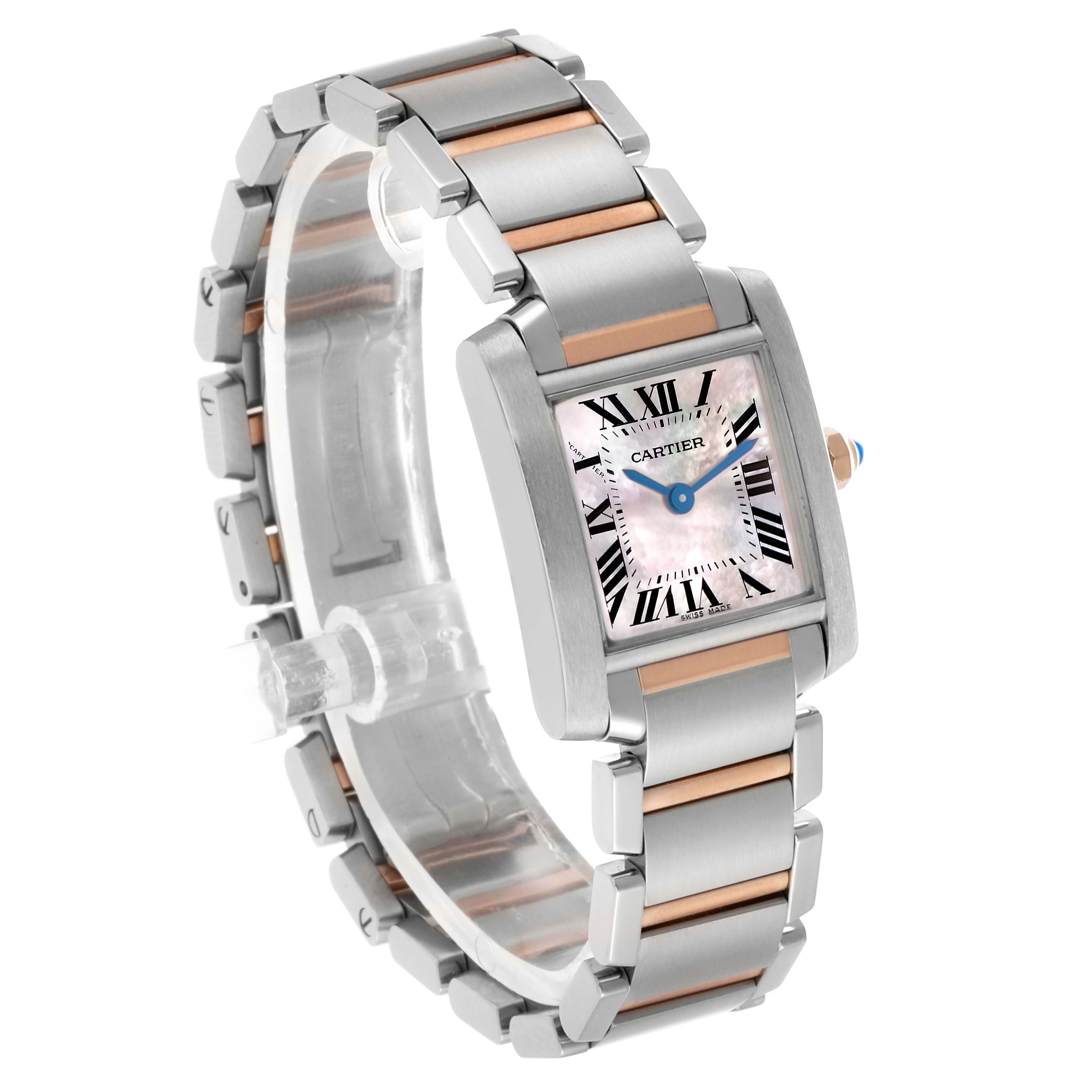The Cartier Tank Française watch is shown at a three-quarter angle, highlighting the dial and two-tone metal bracelet.