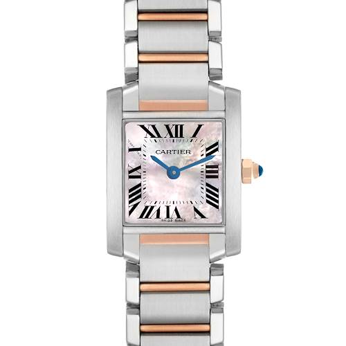The Cartier Tank Francaise W51027Q4 Women's Steel and Gold (two tone) Silver Dial watch is shown from the front, highlighting its rectangular face, Roman numerals, and metal bracelet.