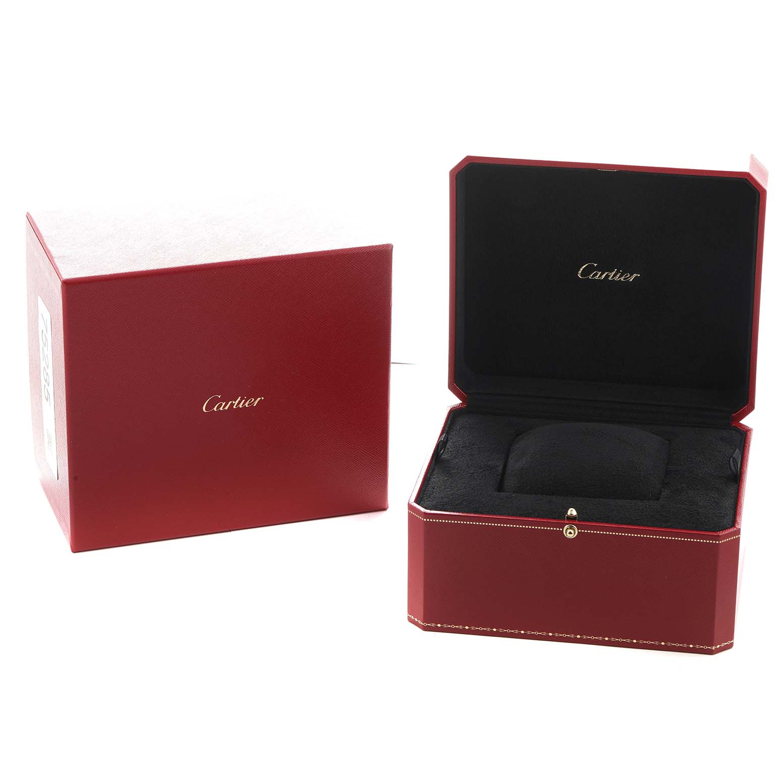 The image shows an open Cartier Tortue WA501009 Women's White Gold Silver Dial watch box and its outer packaging at a slight angle.