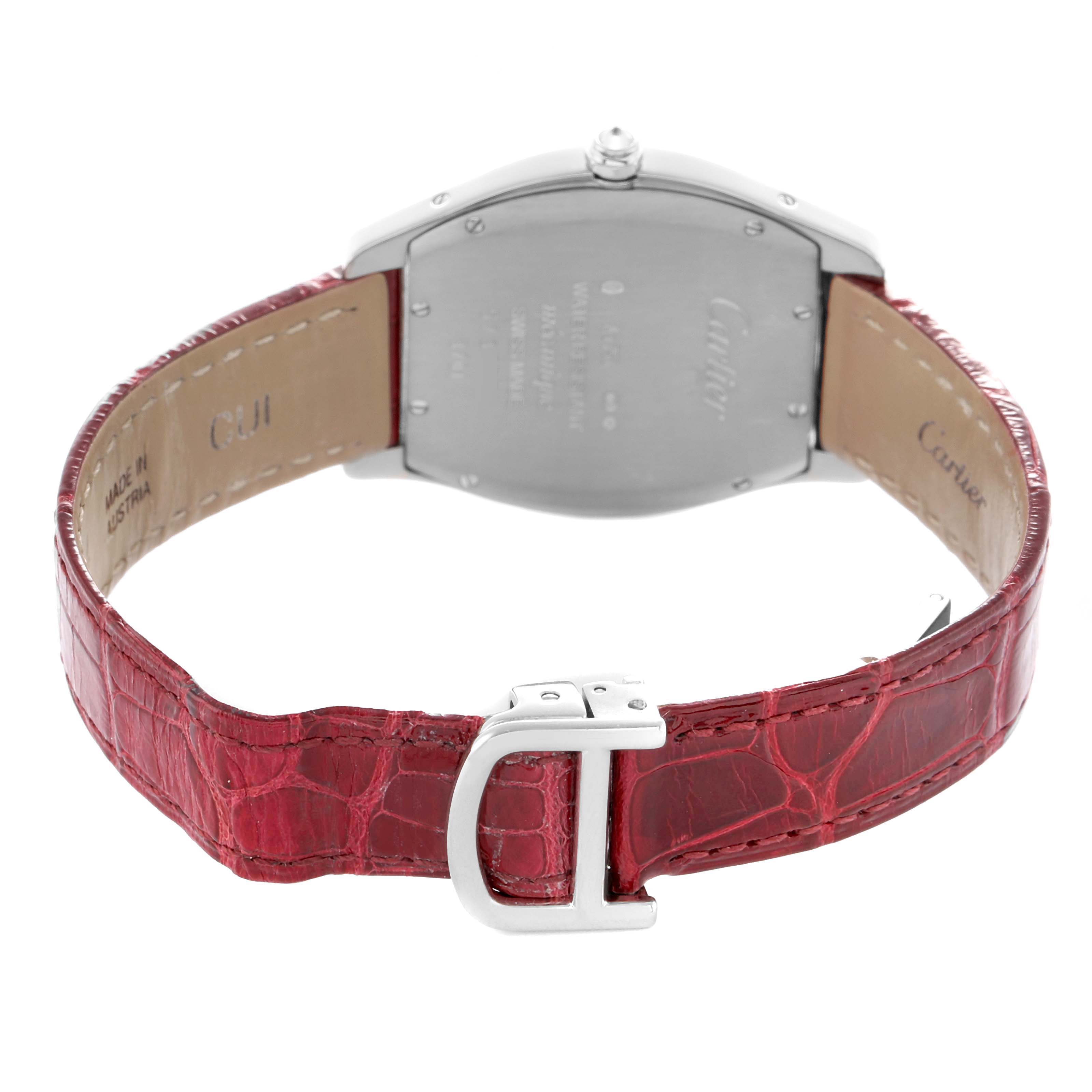 The image shows the back and strap of a Cartier Tortue WA501009 Women's White Gold Silver Dial watch, featuring a red leather strap and metal clasp.