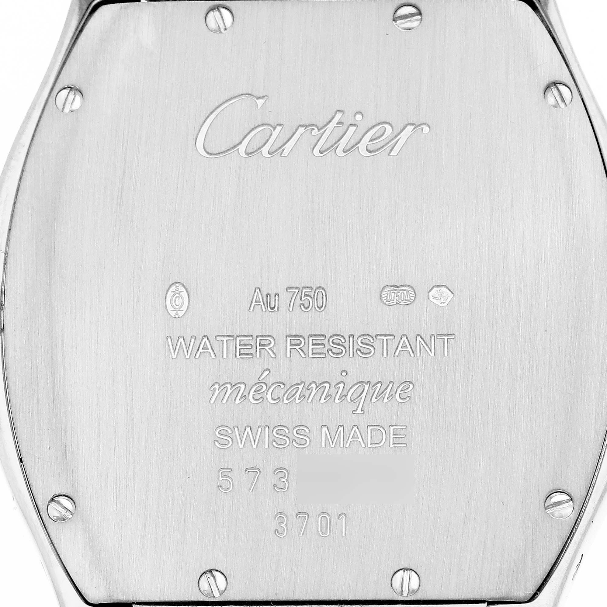 The image shows the back case of a Cartier Tortue WA501009 Women's White Gold Silver Dial watch, highlighting details like "Cartier," "Au 750," and "Swiss Made."