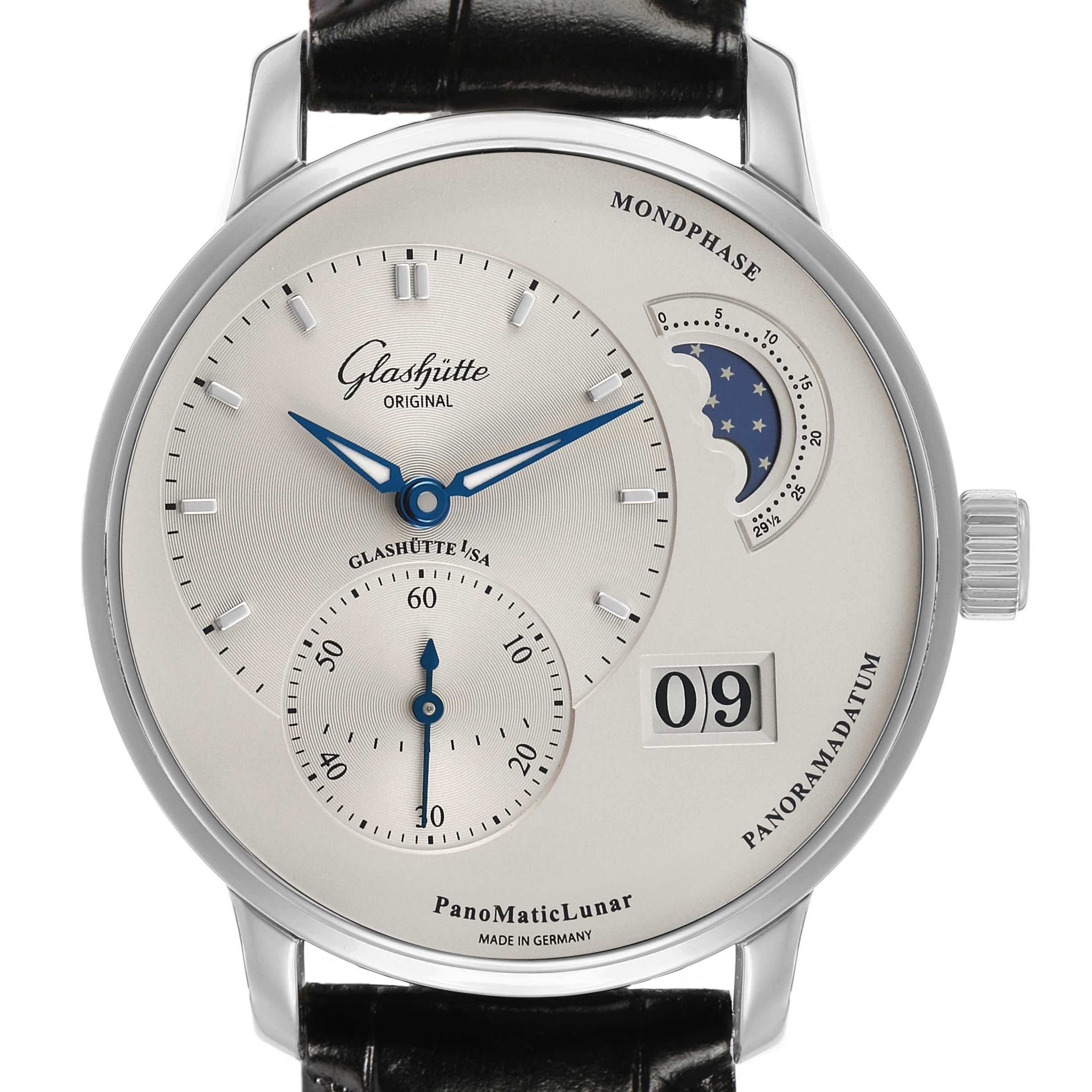 The image shows a front view of a Glashütte PanoMaticLunar watch, highlighting the dial, moonphase, and date display.