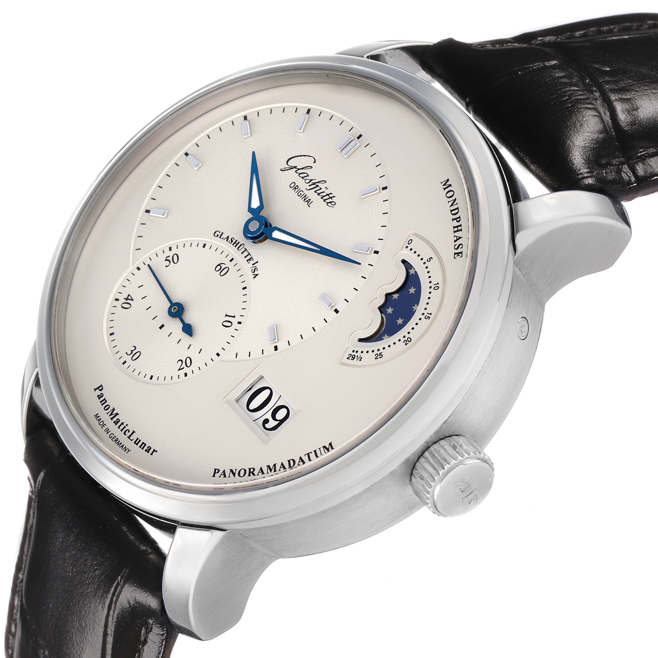 The Glashütte PanoMaticLunar watch is shown from a side angle, highlighting the dial, moonphase, and date features.
