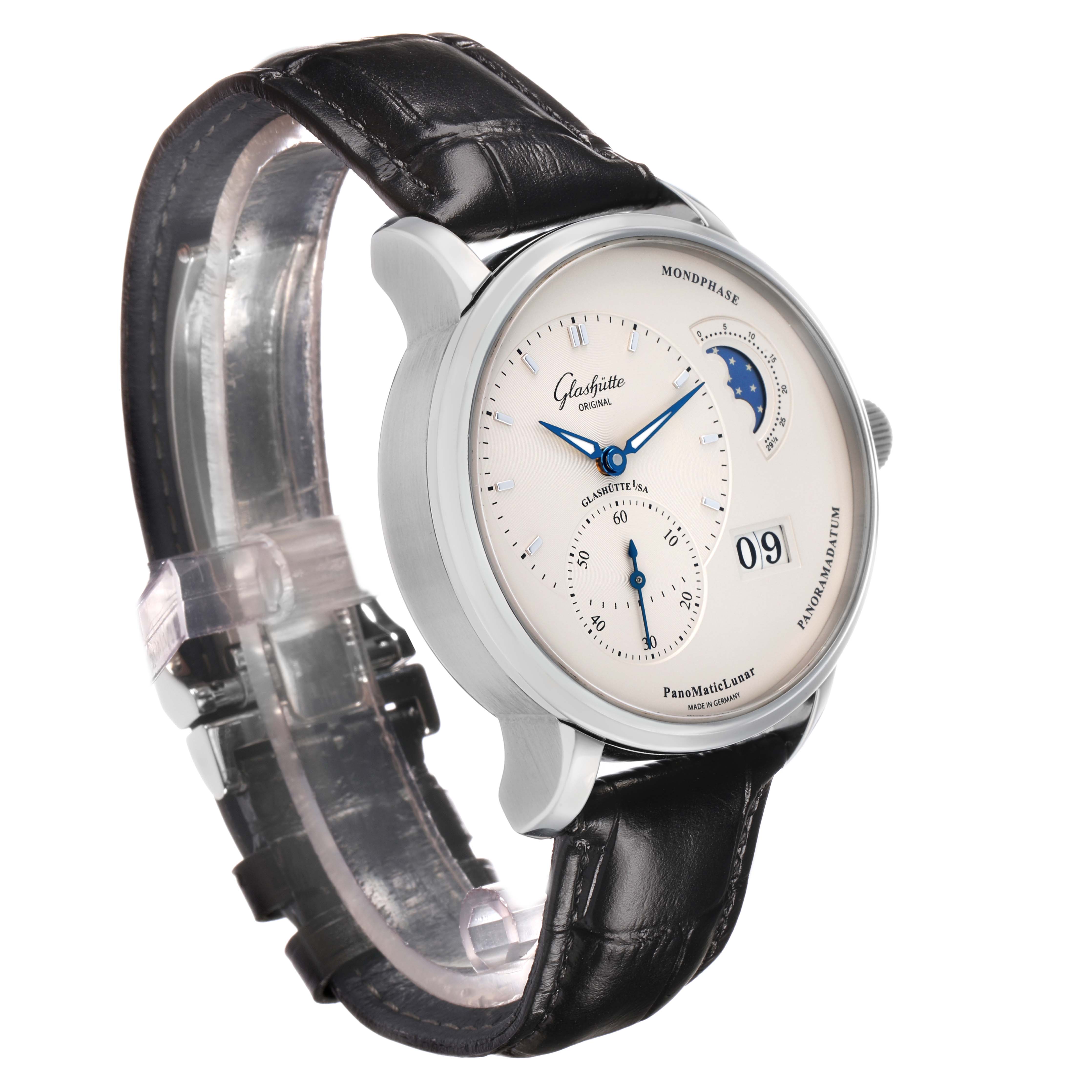 The Glashütte Pano watch is shown at a three-quarter angle, highlighting its face, strap, and side details.
