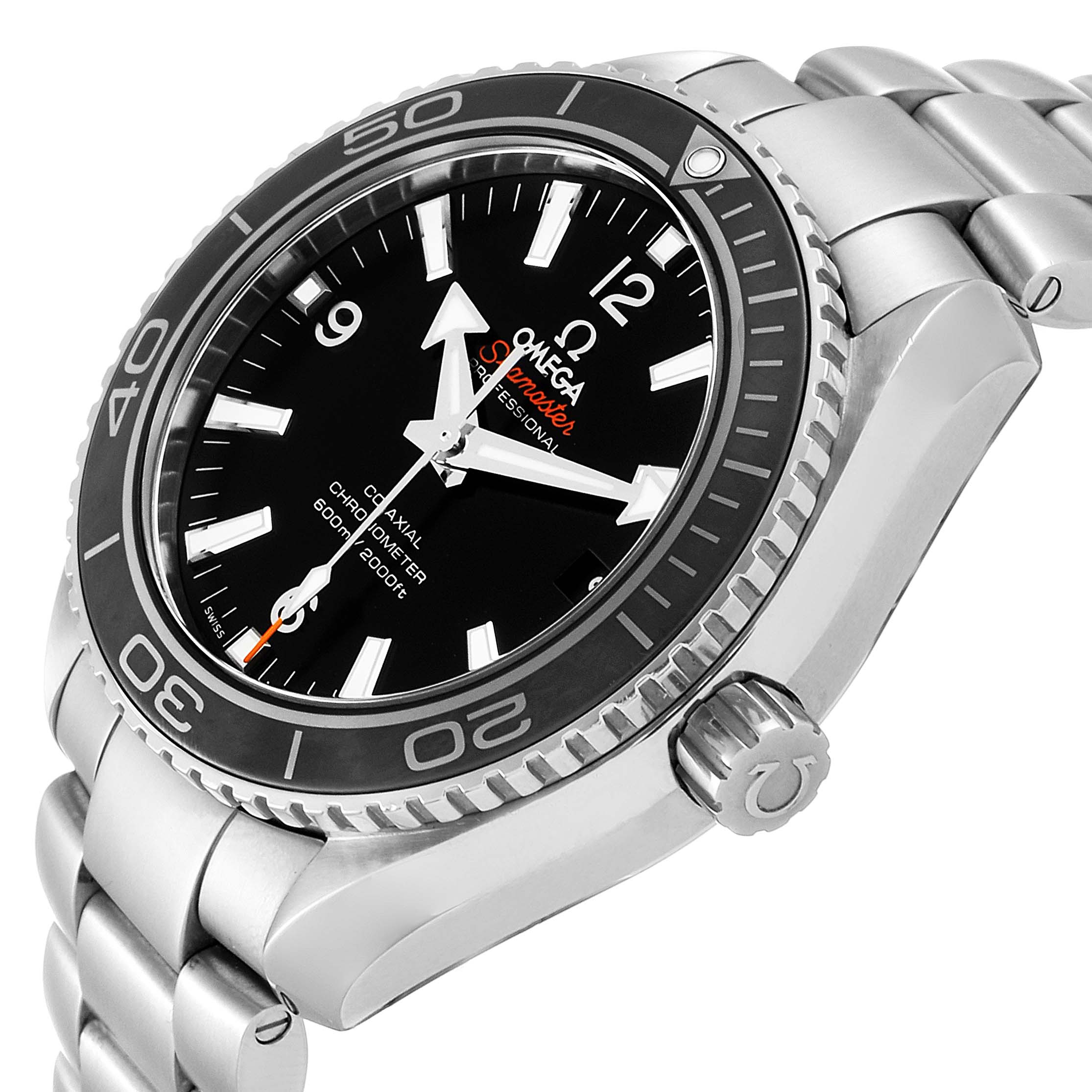This is a side angle view of the Omega Planet Ocean 232.30.42.21.01.003 Men's Stainless Steel Black Dial 232.30.42.21.01.003 Men's Stainless Steel Black Dial watch, showing the bezel, crown, dial, and part of the bracelet.