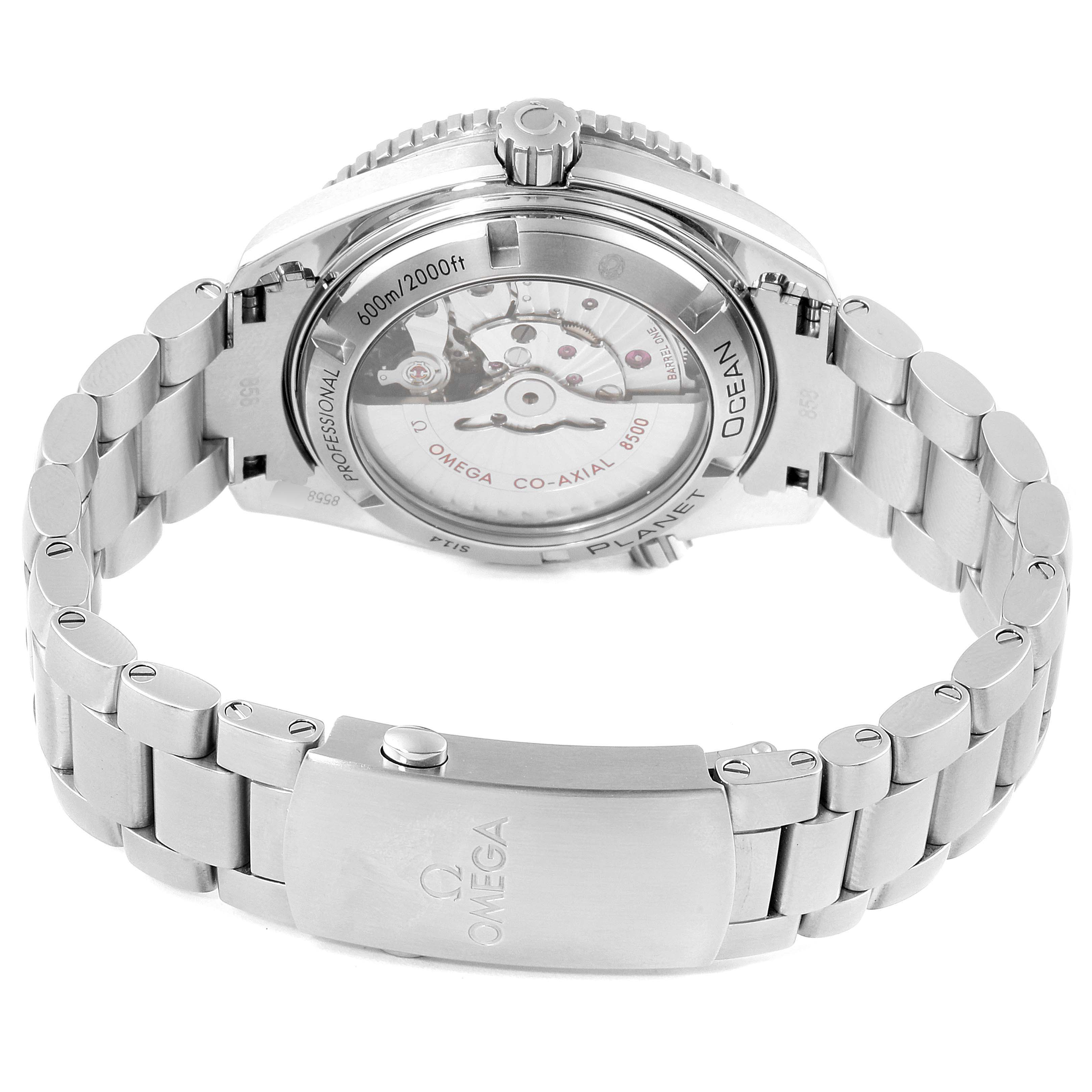 The image shows the back view and clasp of the Omega Planet Ocean 232.30.42.21.01.003 Men's Stainless Steel Black Dial 232.30.42.21.01.003 Men's Stainless Steel Black Dial watch, highlighting its movement and bracelet.