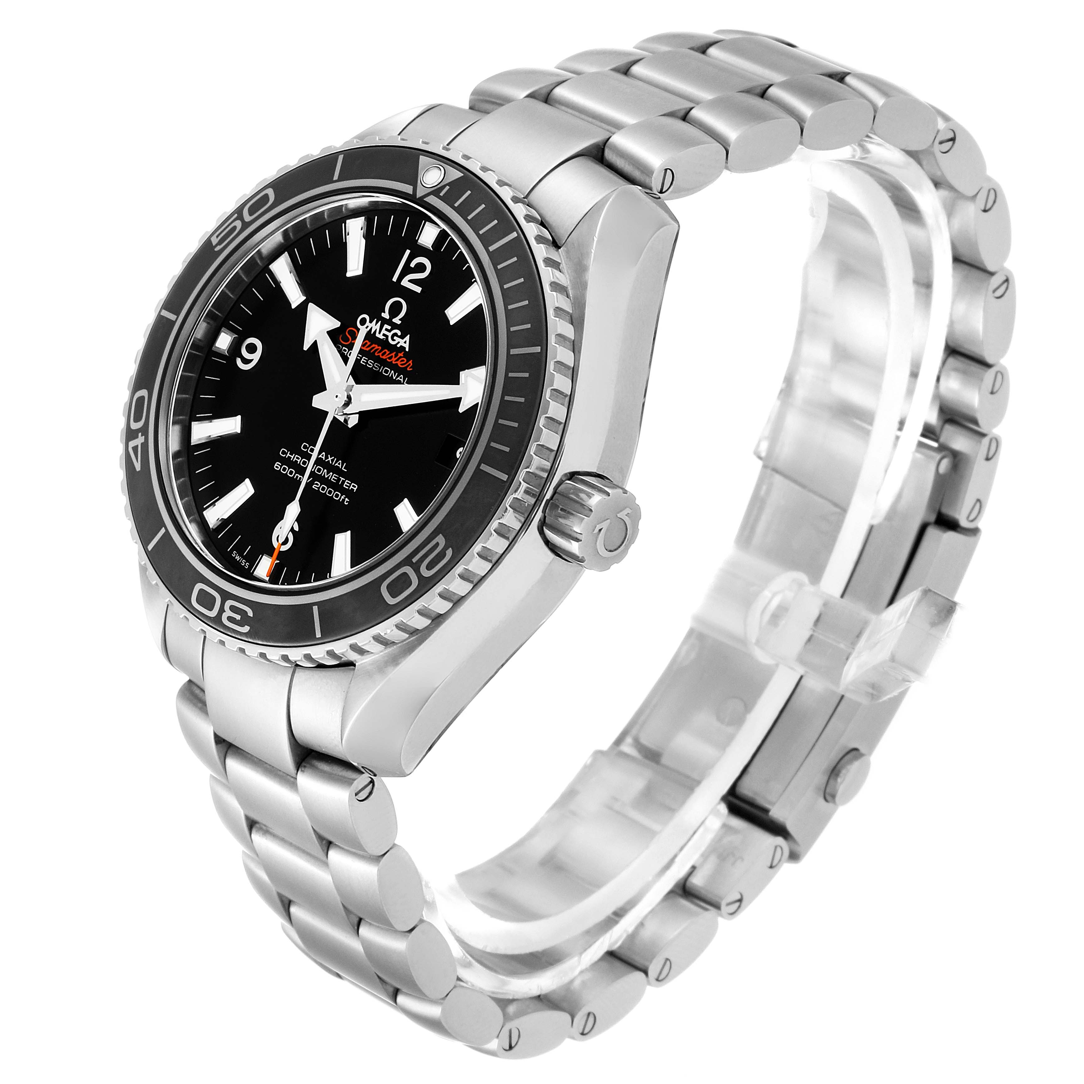 The image shows an Omega Planet Ocean 232.30.42.21.01.003 Men's Stainless Steel Black Dial 232.30.42.21.01.003 Men's Stainless Steel Black Dial watch at a three-quarter angle, highlighting the dial, bezel, crown, and bracelet.