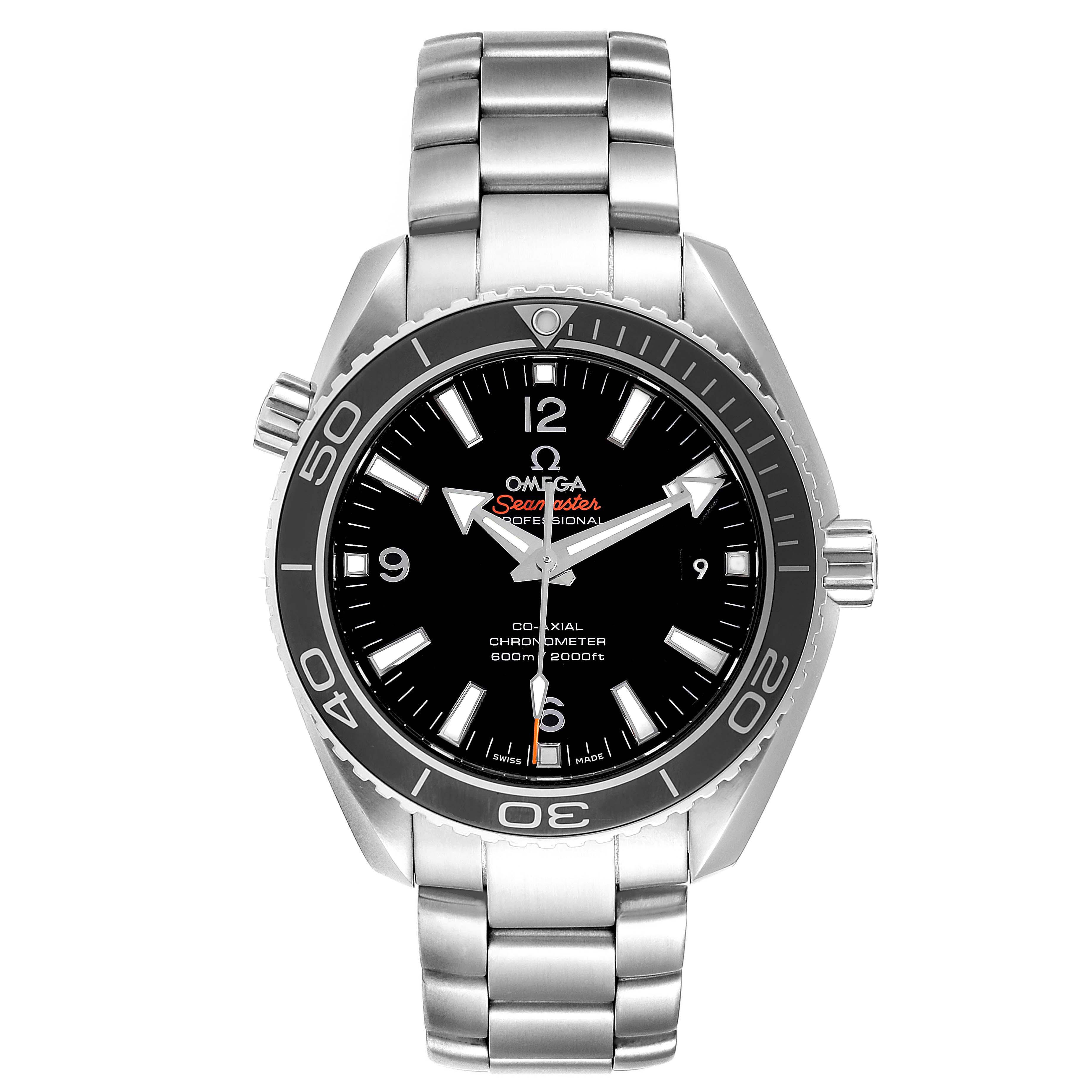 The Omega Planet Ocean 232.30.42.21.01.003 Men's Stainless Steel Black Dial 232.30.42.21.01.003 Men's Stainless Steel Black Dial watch is shown from a front angle, displaying its dial, bezel, crown, and metal bracelet.