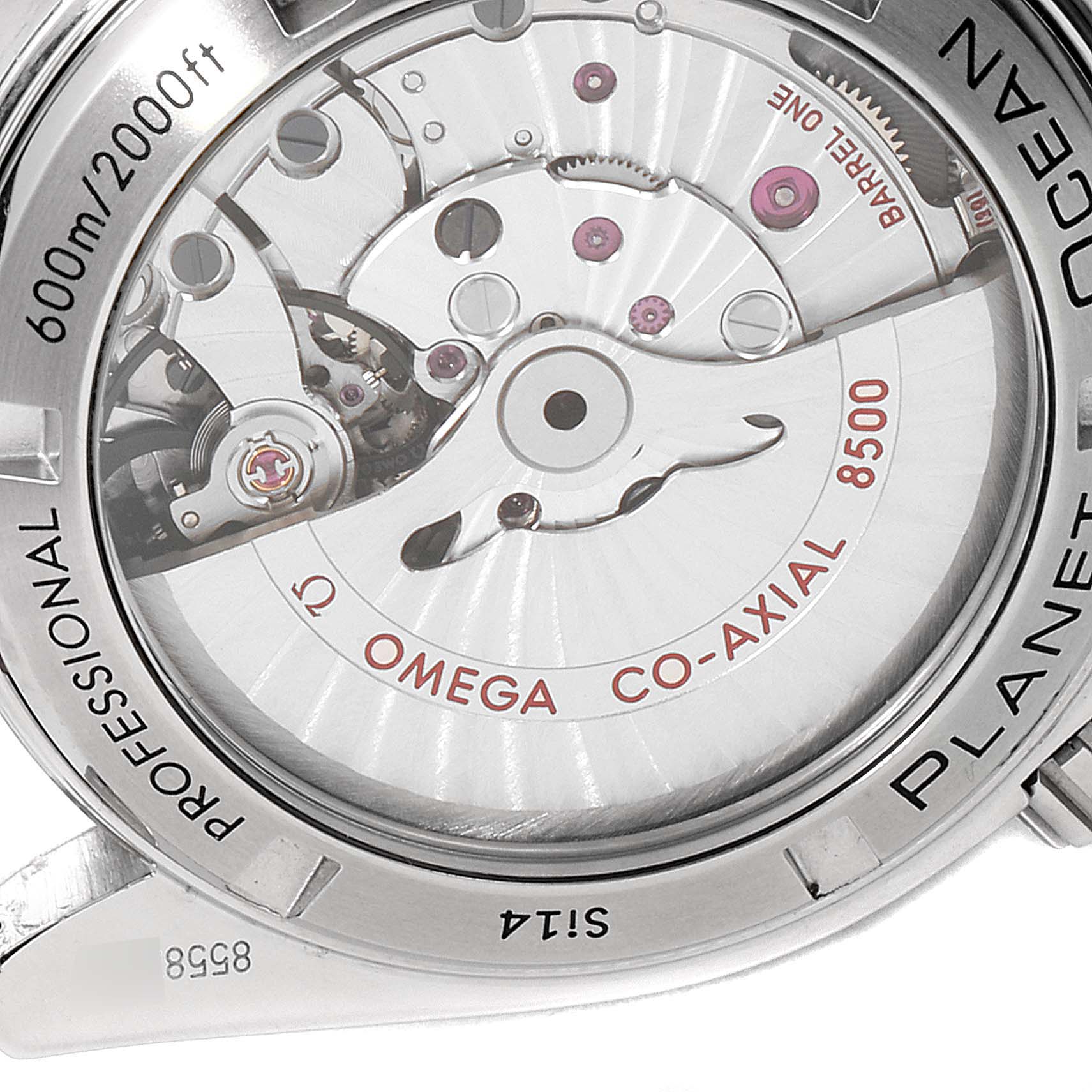 This image shows the open case back of the Omega Planet Ocean 232.30.42.21.01.003 Men's Stainless Steel Black Dial 232.30.42.21.01.003 Men's Stainless Steel Black Dial watch, revealing the Omega Co-Axial 8500 movement.