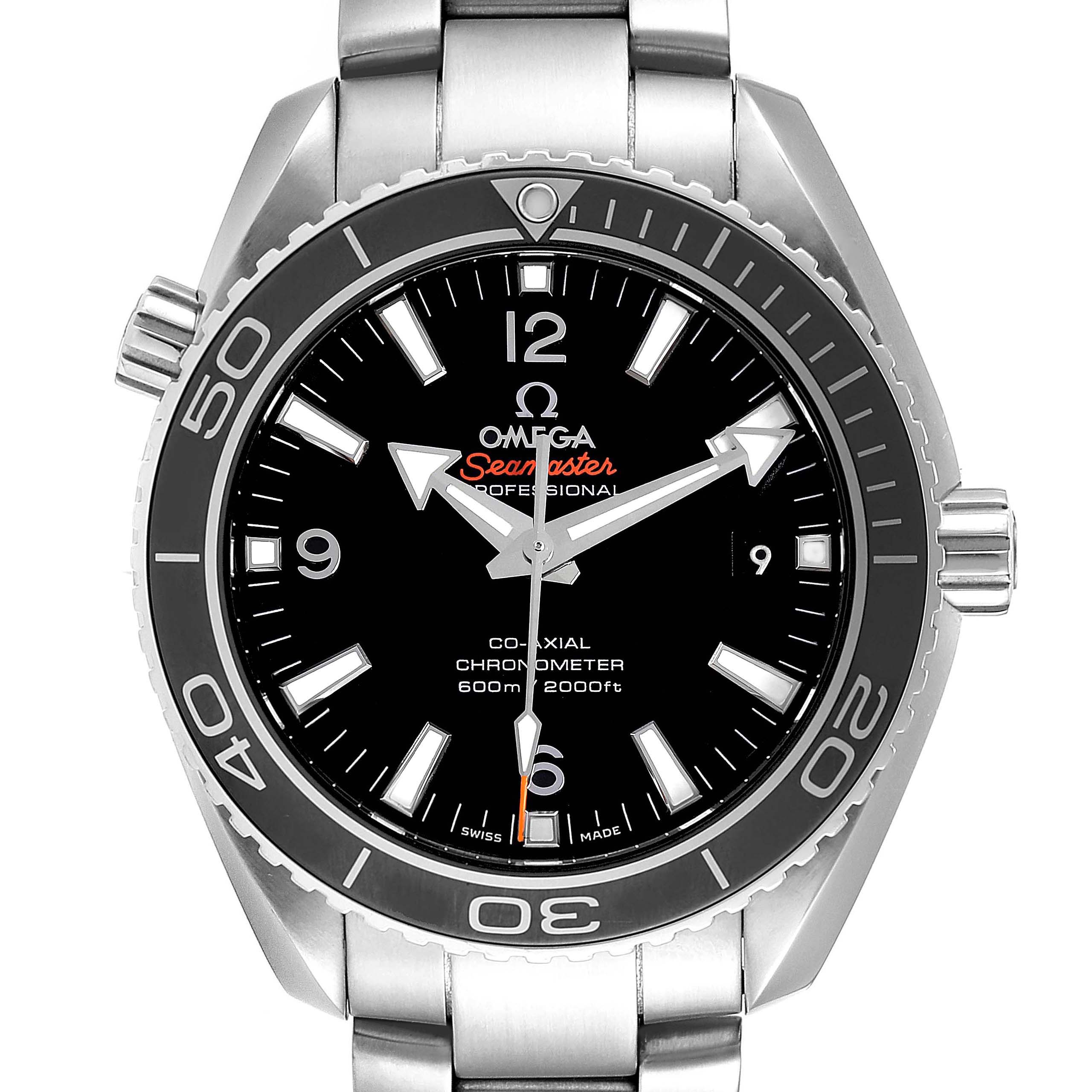 The image shows a front view of the Omega Planet Ocean 232.30.42.21.01.003 Men's Stainless Steel Black Dial 232.30.42.21.01.003 Men's Stainless Steel Black Dial Seamaster watch, highlighting the face, bezel, and bracelet.