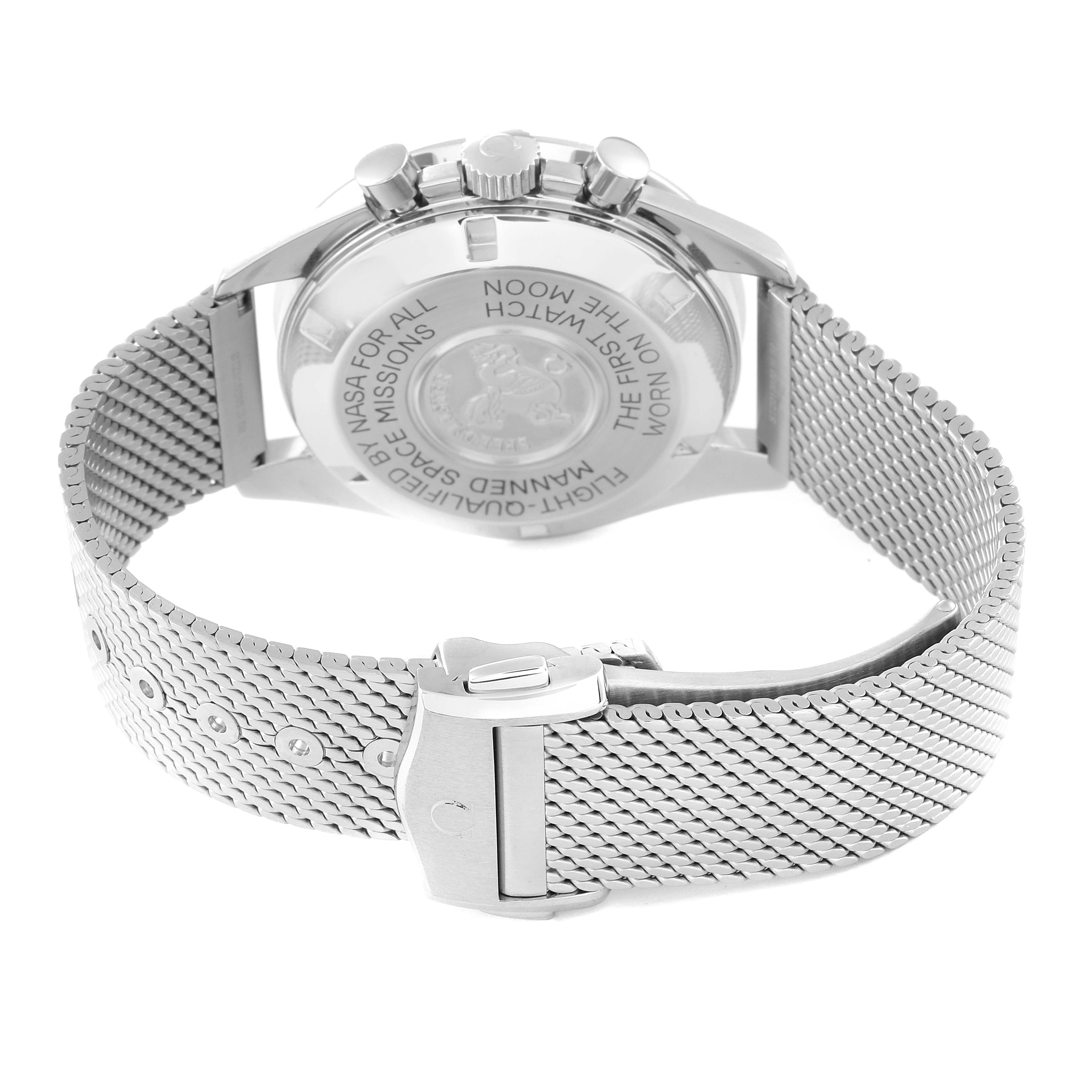 This image shows the back and clasp of an Omega Speedmaster 3570.50.00 Men
s Stainless Steel Black Dial 3570.50.00 Men
s Stainless Steel Black Dial watch, angled to display the engraved case back and metal mesh bracelet.