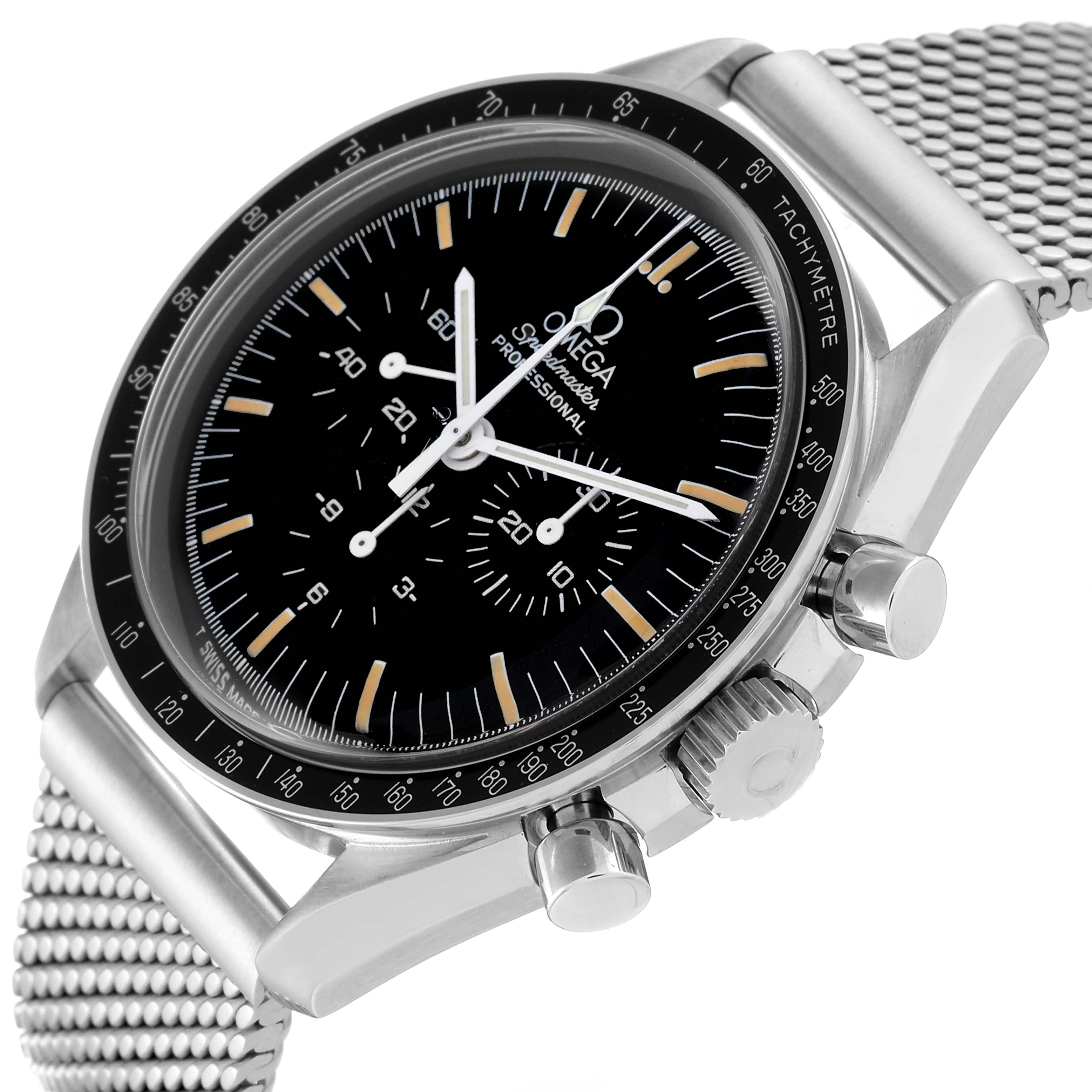 The Omega Speedmaster 3570.50.00 Men
s Stainless Steel Black Dial 3570.50.00 Men
s Stainless Steel Black Dial watch is shown at an angled view, highlighting the face, chronograph buttons, crown, and metal mesh strap.