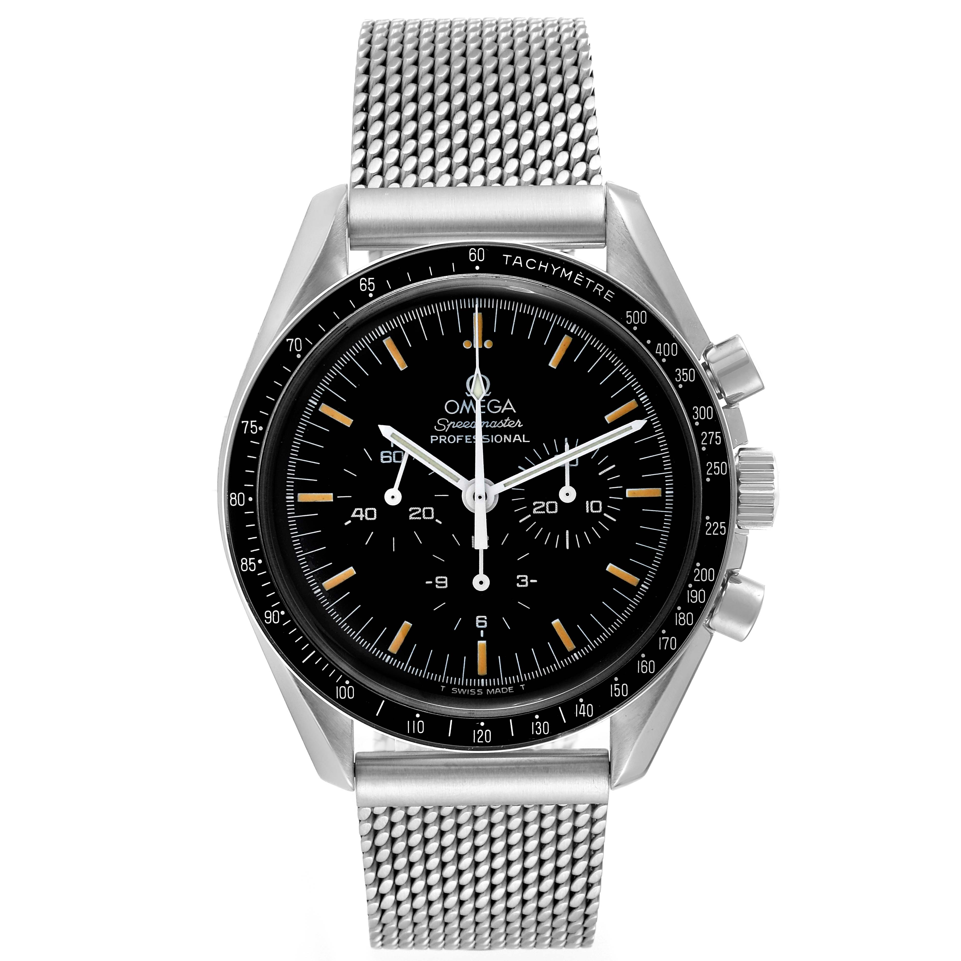 This Omega Speedmaster 3570.50.00 Men
s Stainless Steel Black Dial 3570.50.00 Men
s Stainless Steel Black Dial watch is shown from a front angle, displaying its black dial, chronograph, and mesh bracelet.