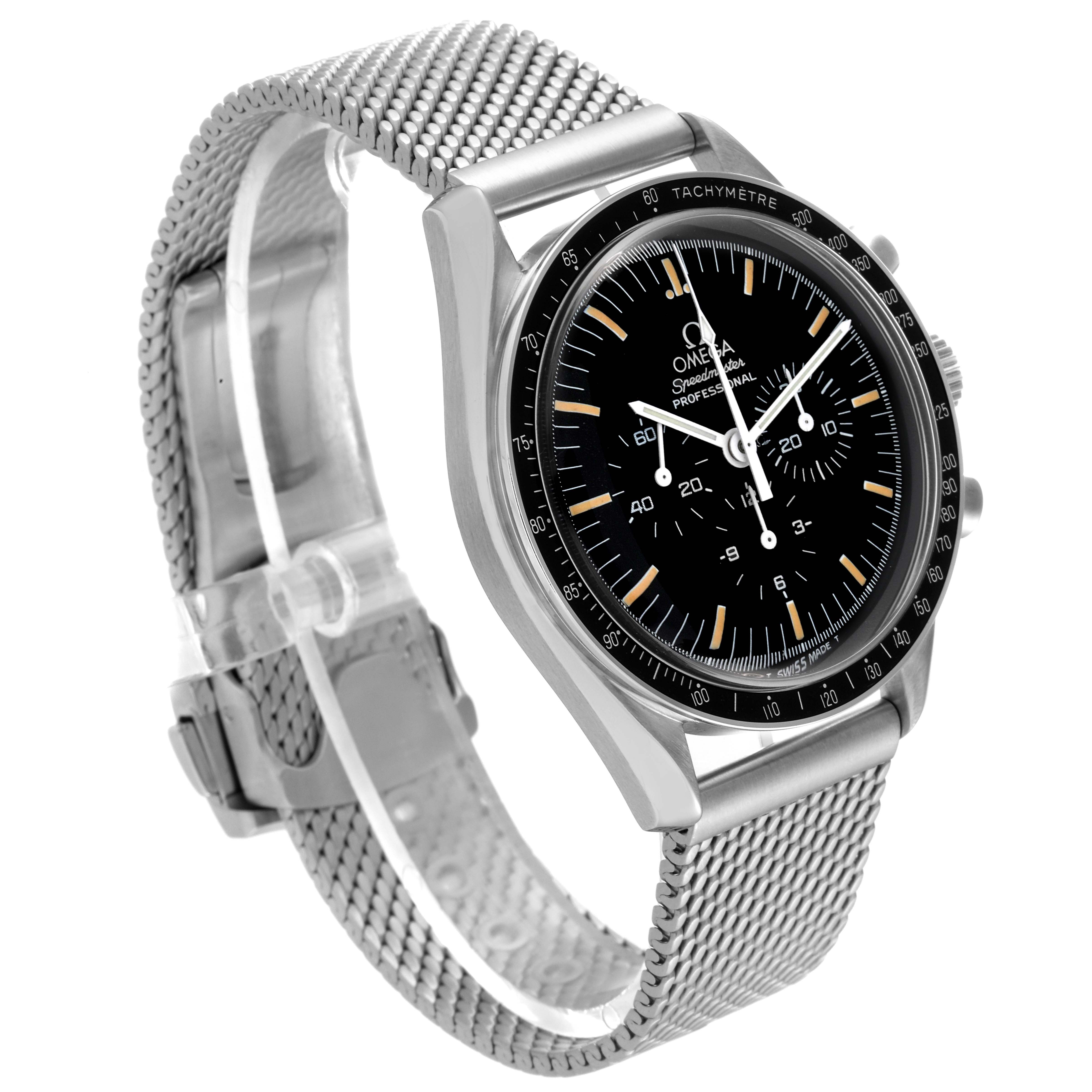 This Omega Speedmaster 3570.50.00 Men
s Stainless Steel Black Dial 3570.50.00 Men
s Stainless Steel Black Dial watch is shown at a three-quarter angle, highlighting the dial, bezel, and mesh bracelet.