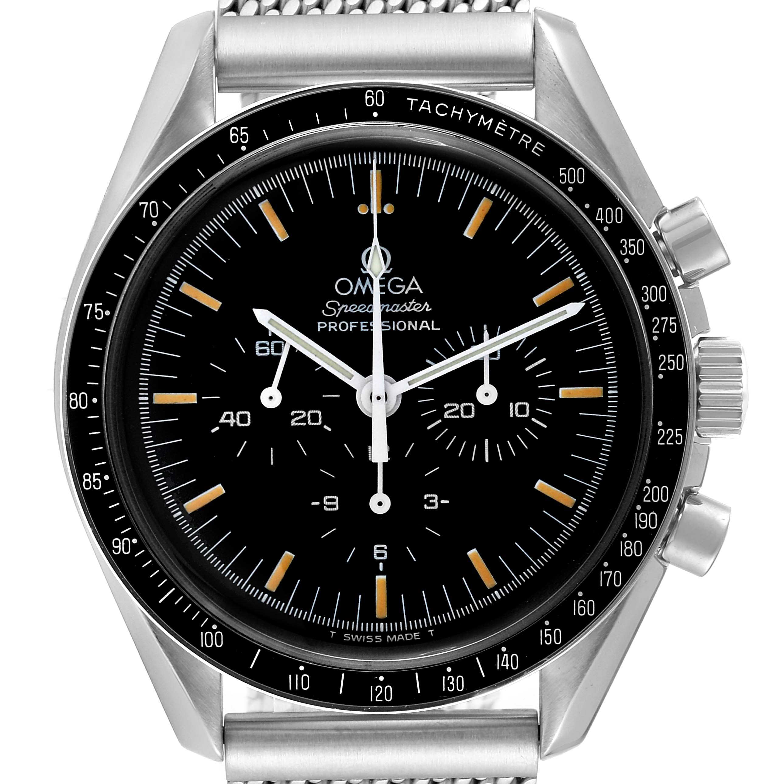 The image shows a front view of an Omega Speedmaster 3570.50.00 Men
s Stainless Steel Black Dial 3570.50.00 Men
s Stainless Steel Black Dial watch, highlighting the black dial, tachymeter bezel, and chronograph subdials.