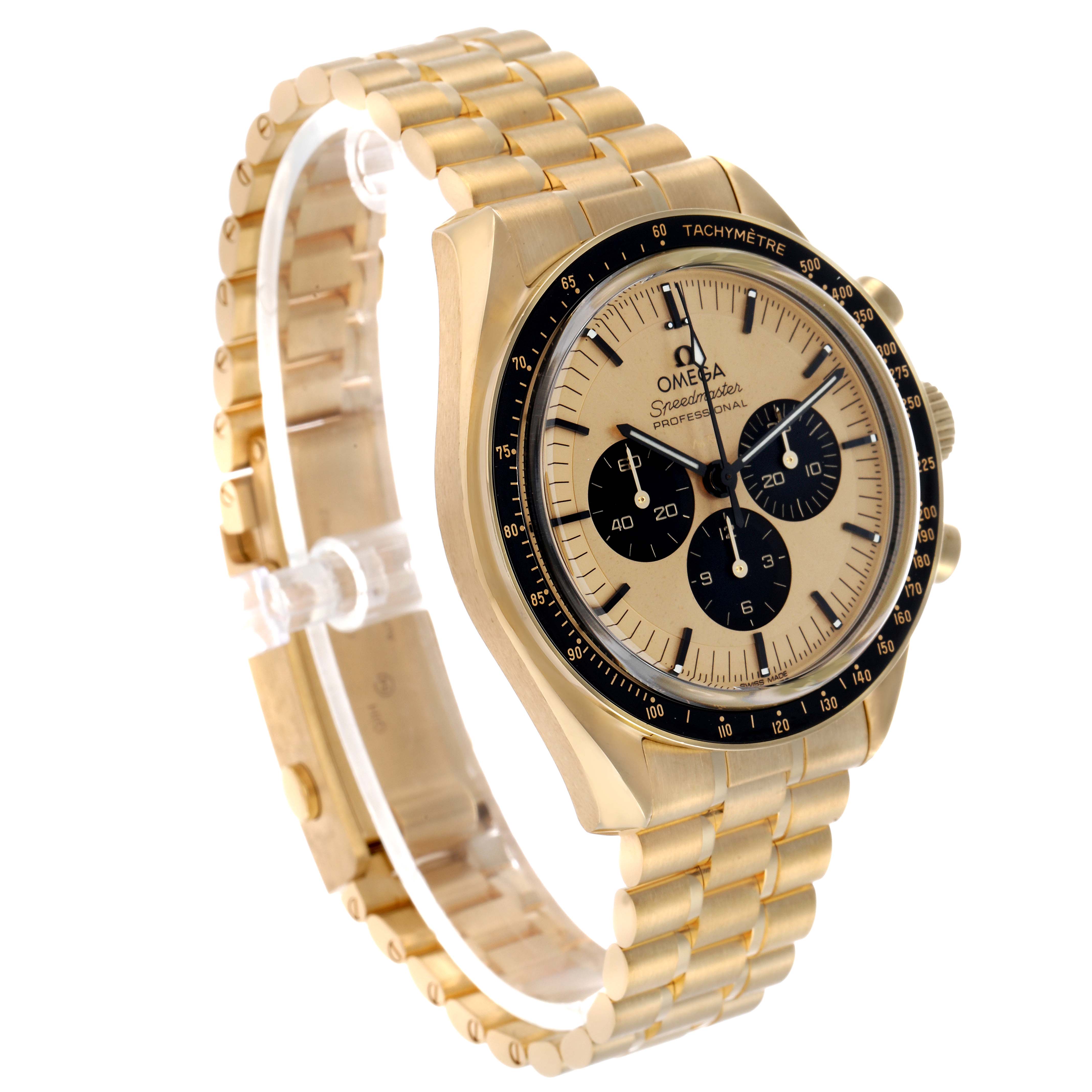 The Omega Speedmaster 310.62.42.50.99.001 Men's Yellow Gold Champagne Dial watch is shown at a three-quarter angle, displaying its face, tachymeter bezel, and full bracelet.