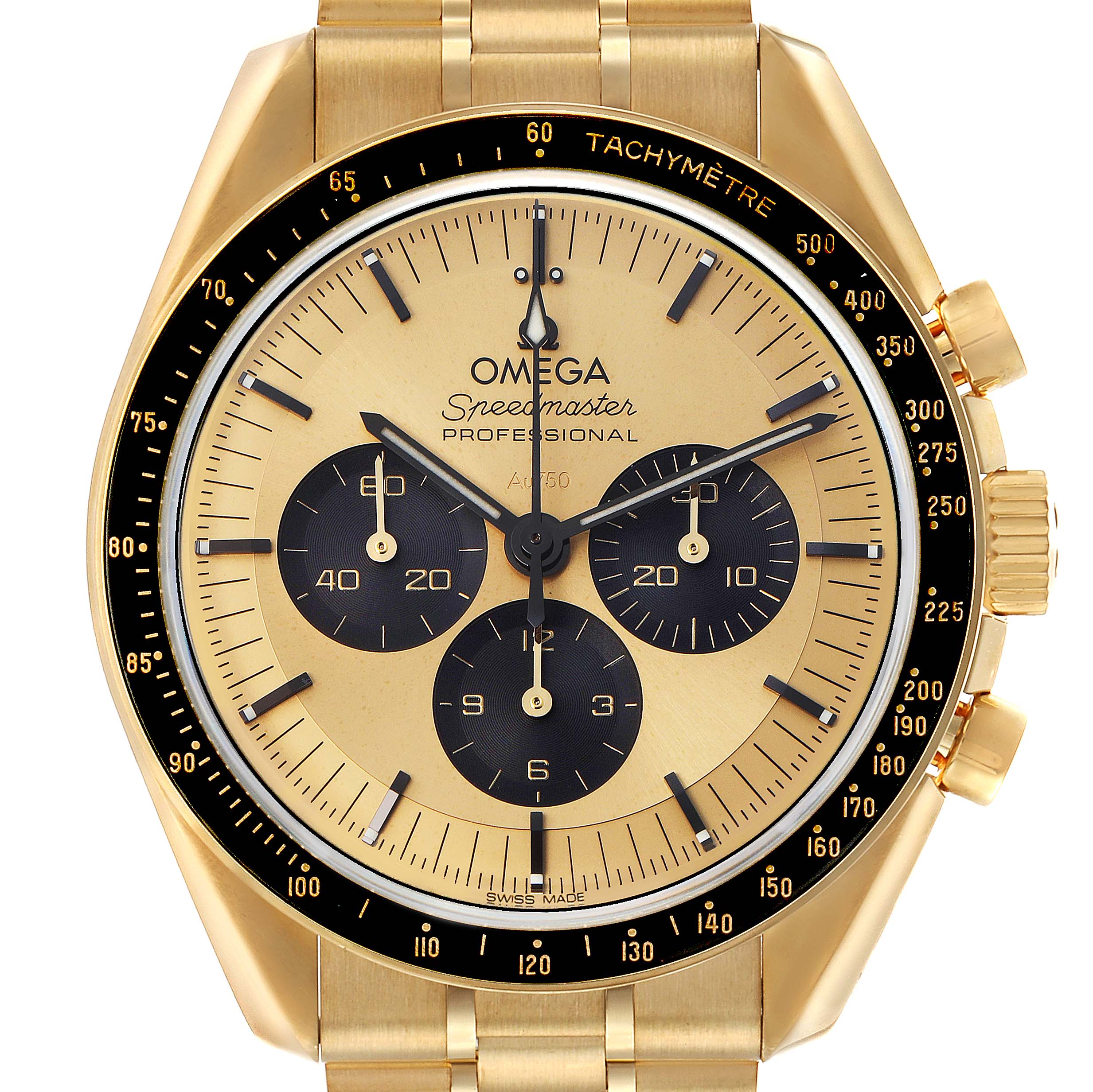 The Omega Speedmaster 310.62.42.50.99.001 Men's Yellow Gold Champagne Dial watch is shown from the front, displaying the dial, tachymetre bezel, and chronograph subdials.