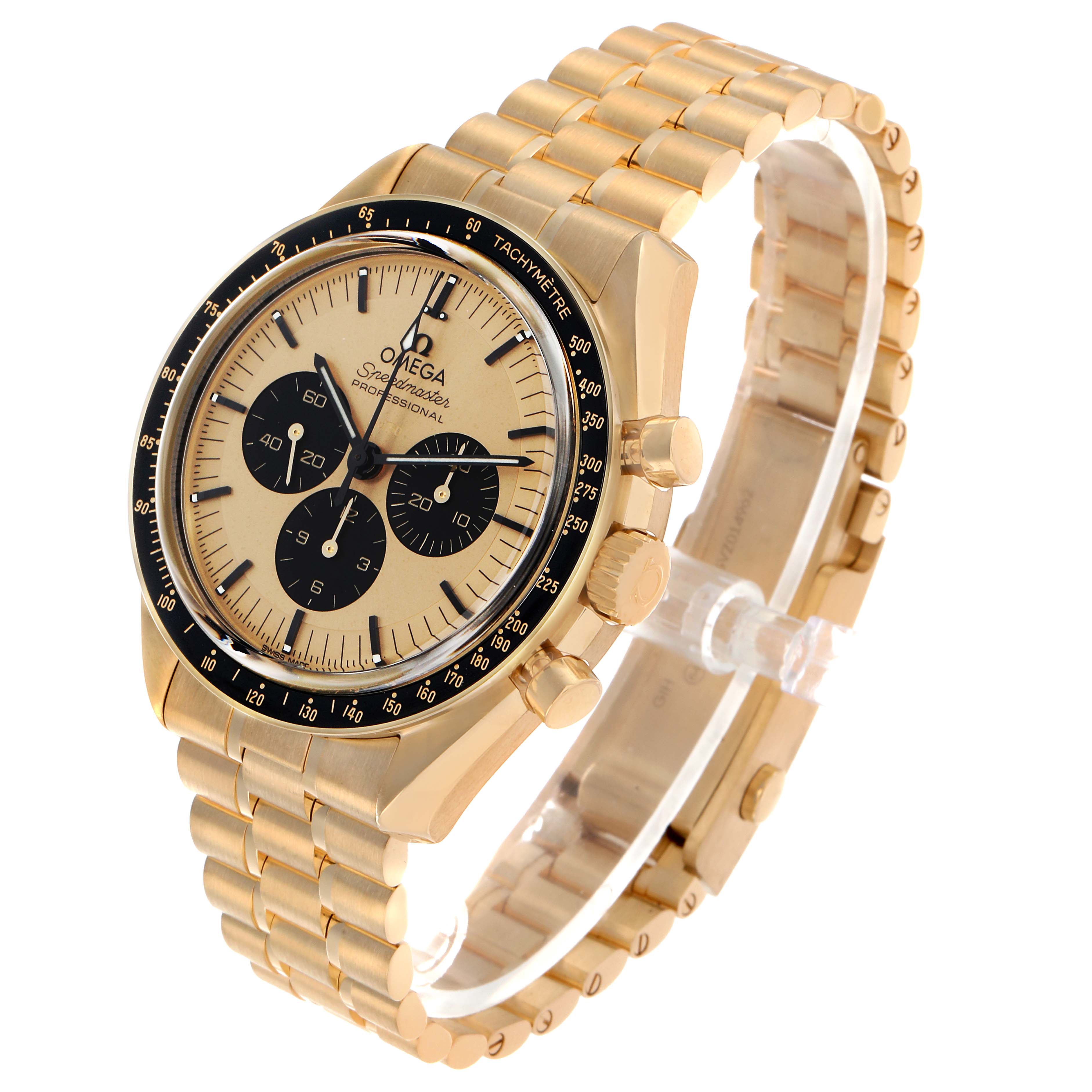 The Omega Speedmaster 310.62.42.50.99.001 Men's Yellow Gold Champagne Dial watch is shown at a three-quarter angle, displaying the face, bezel, and bracelet.