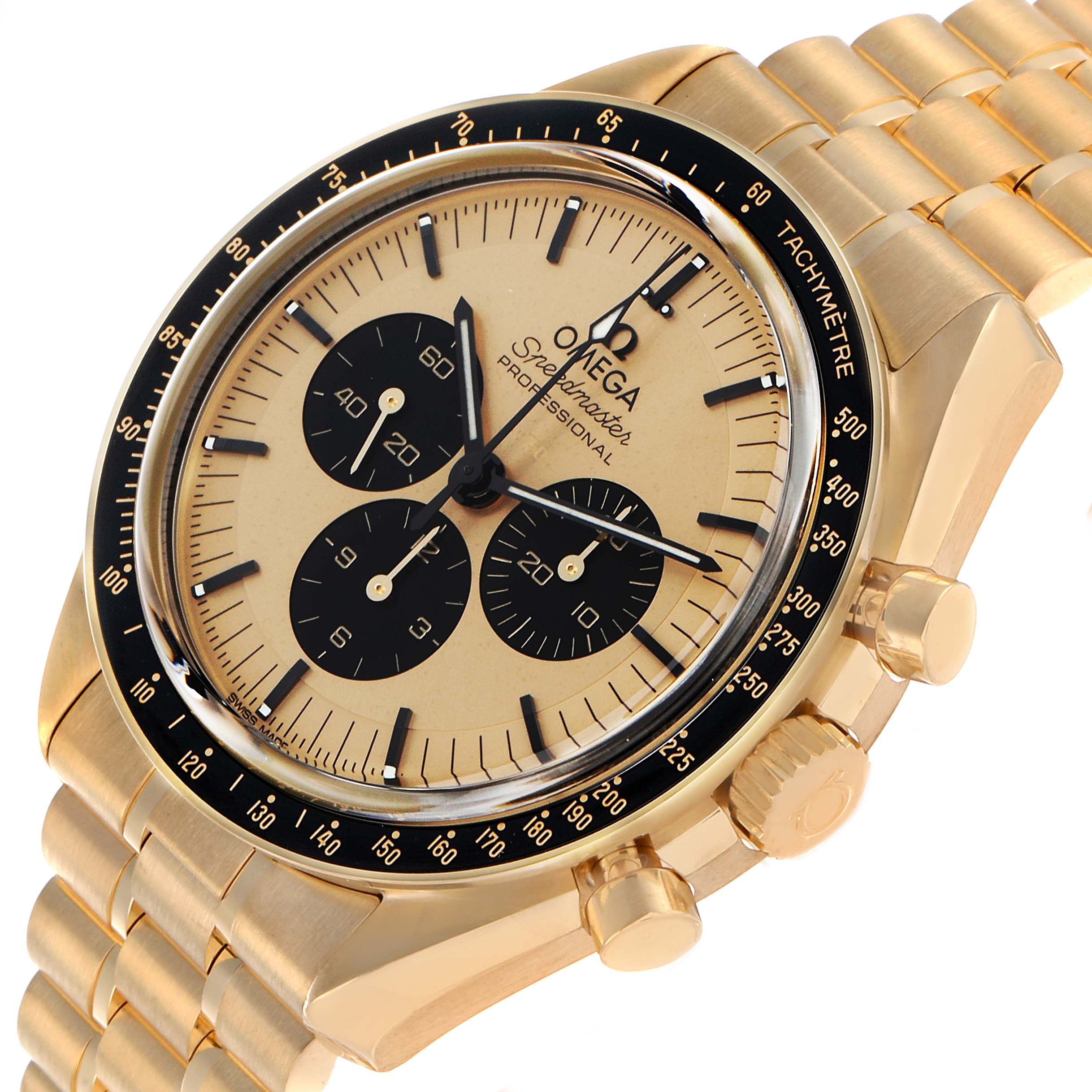 The image shows a side angle of an Omega Speedmaster 310.62.42.50.99.001 Men's Yellow Gold Champagne Dial, highlighting the gold bracelet, black bezel, and champagne-colored dial with subdials.