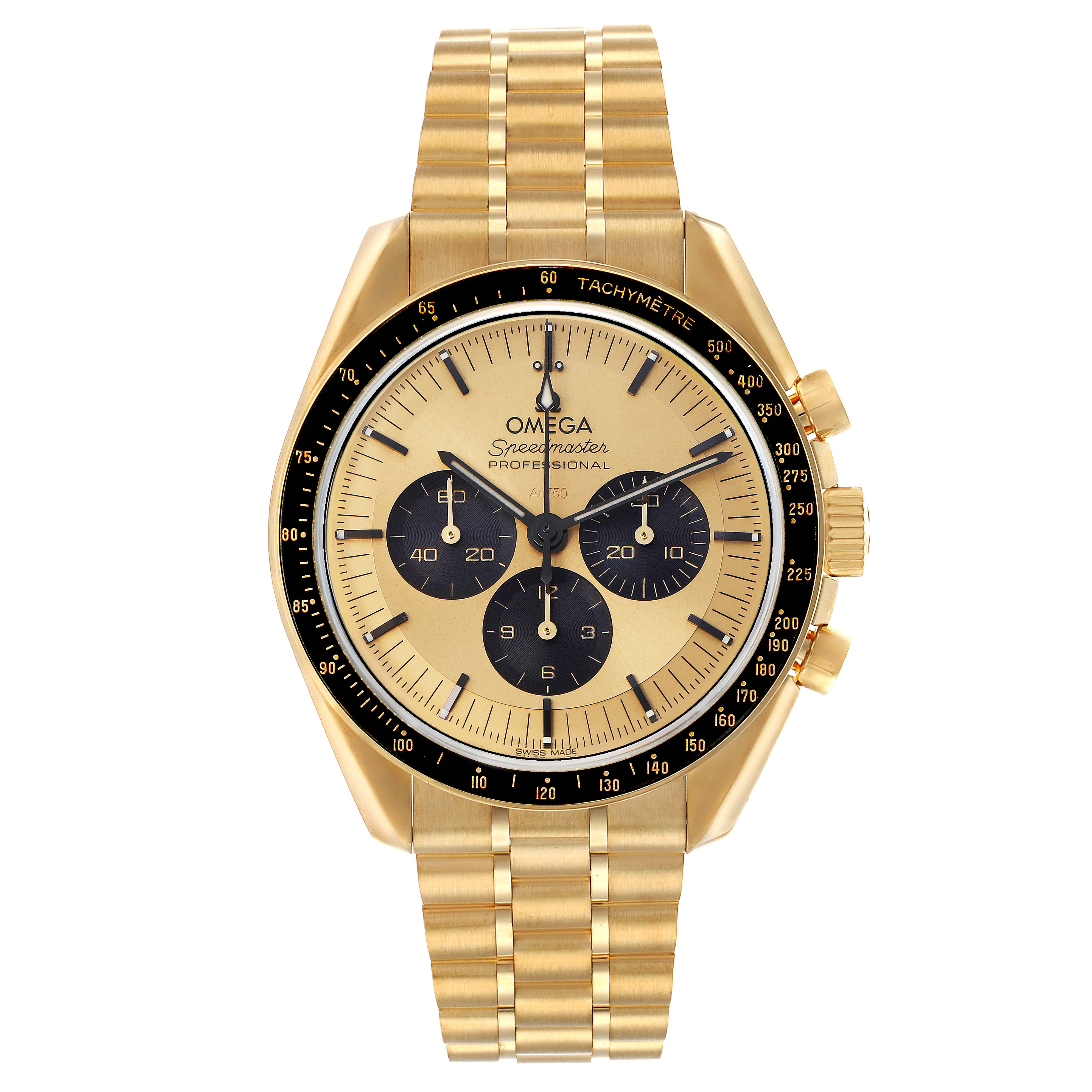 The Omega Speedmaster 310.62.42.50.99.001 Men's Yellow Gold Champagne Dial is shown from a front angle, displaying its dial, bezel, and bracelet.
