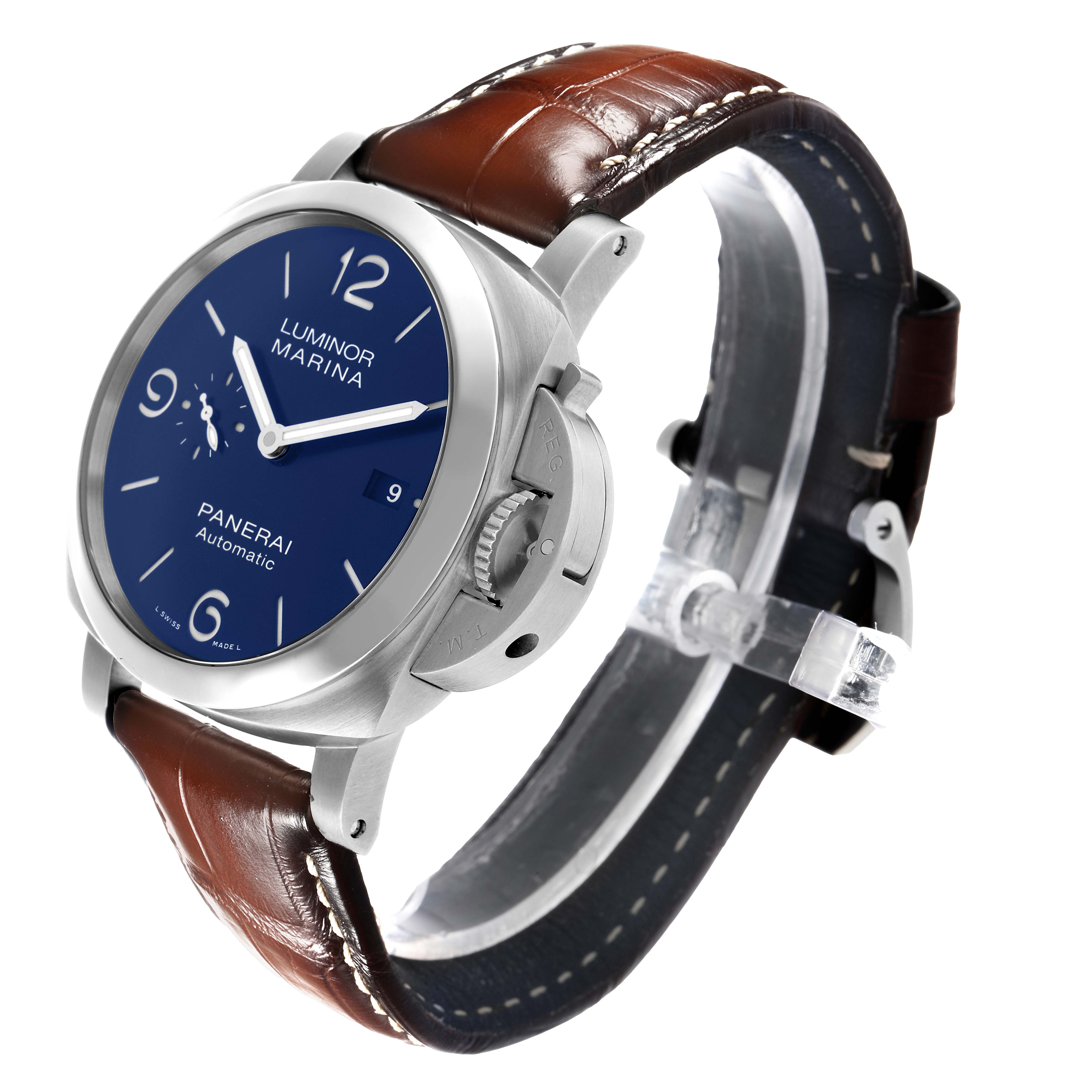 The Panerai Luminor PAM01370 Men's Stainless Steel Blue Dial watch is shown at a three-quarter angle, highlighting the dial, crown guard, and leather strap.