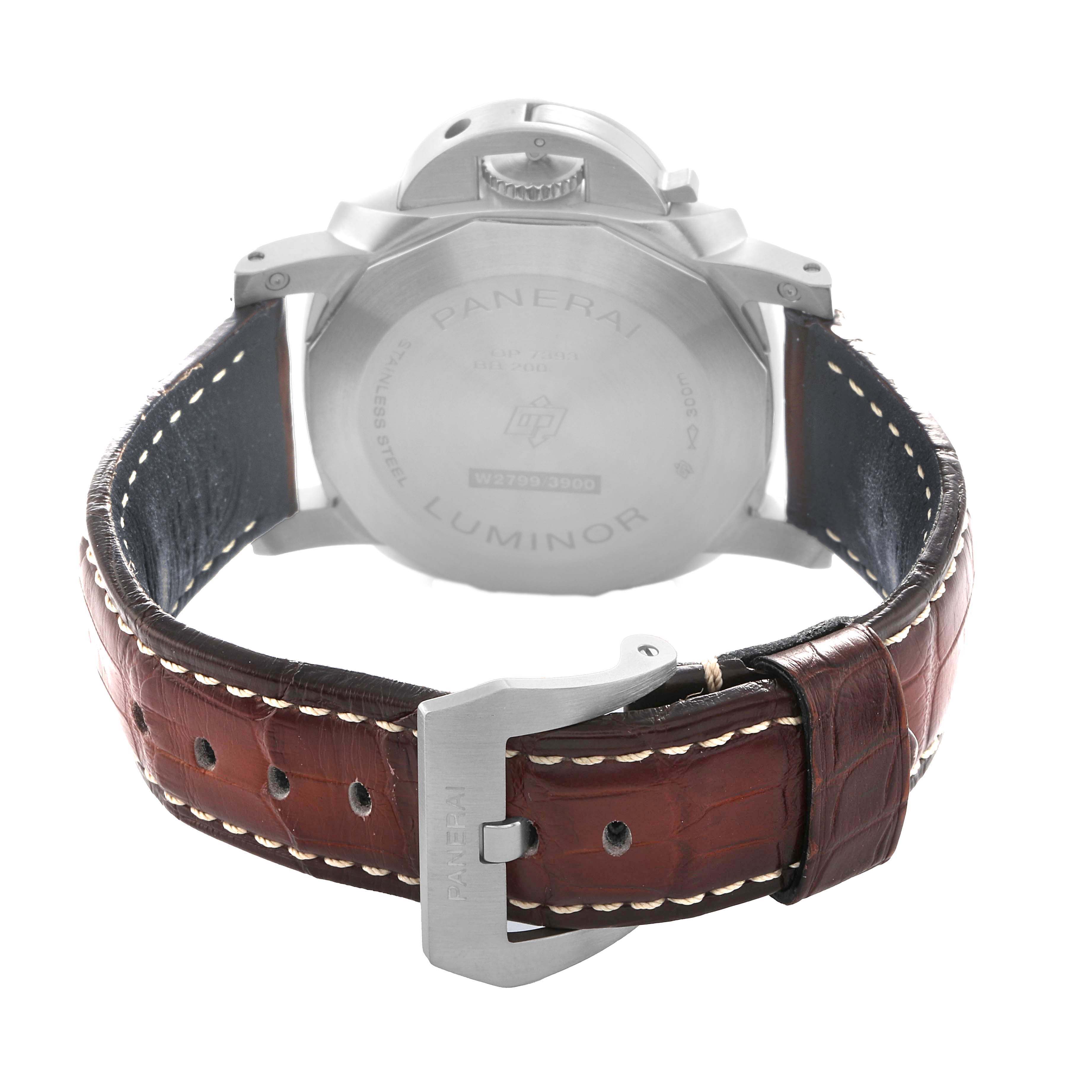 The image shows the back view of a Panerai Luminor PAM01370 Men's Stainless Steel Blue Dial watch, highlighting the case back and brown leather strap.