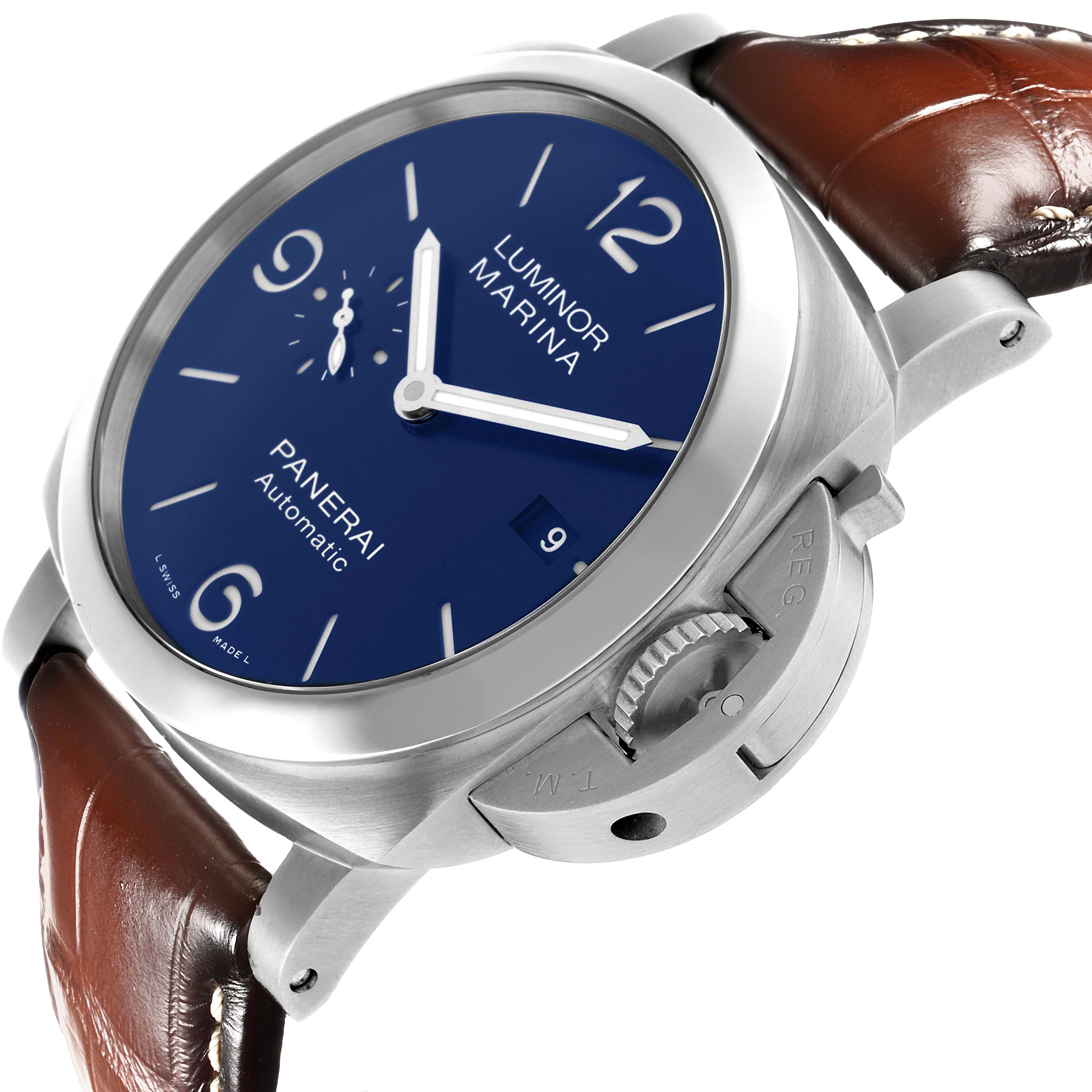 The Panerai Luminor PAM01370 Men's Stainless Steel Blue Dial watch is shown at an angle highlighting its face, crown guard, and brown leather strap.