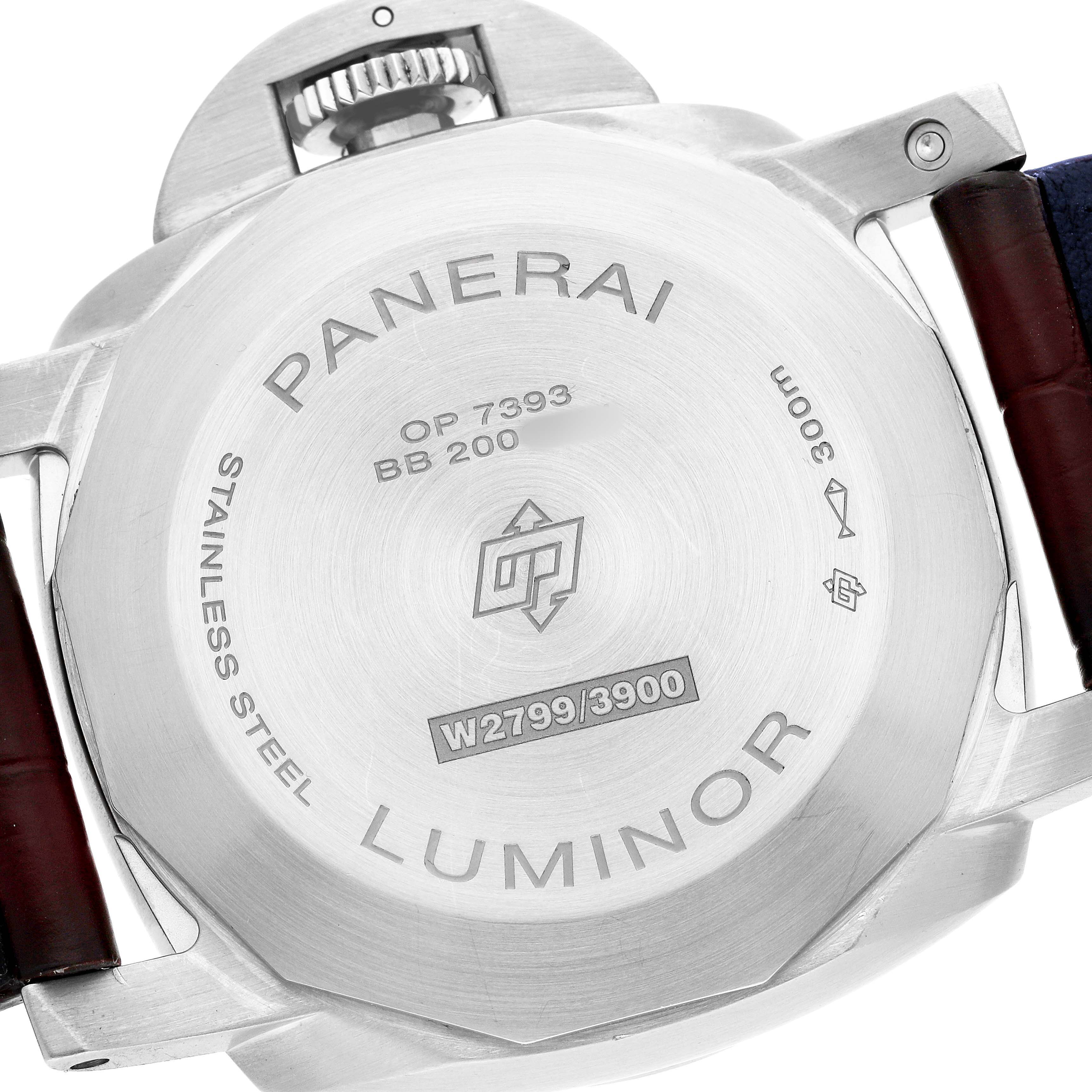 The image shows the back of a Panerai Luminor PAM01370 Men's Stainless Steel Blue Dial watch, highlighting the caseback inscriptions and strap attachments.