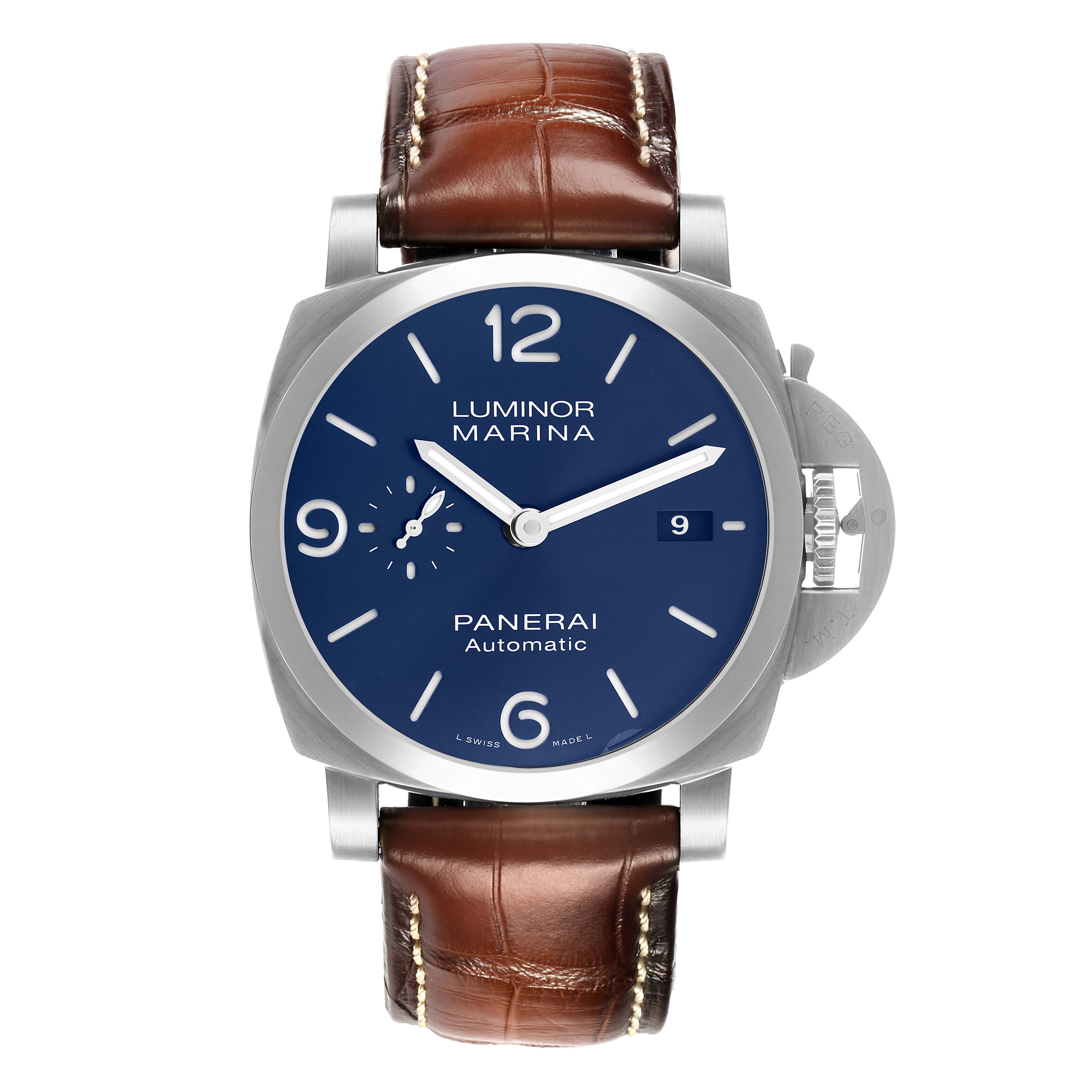 The Panerai Luminor PAM01370 Men's Stainless Steel Blue Dial watch is shown from the front, highlighting the dial, case, crown guard, and leather strap.
