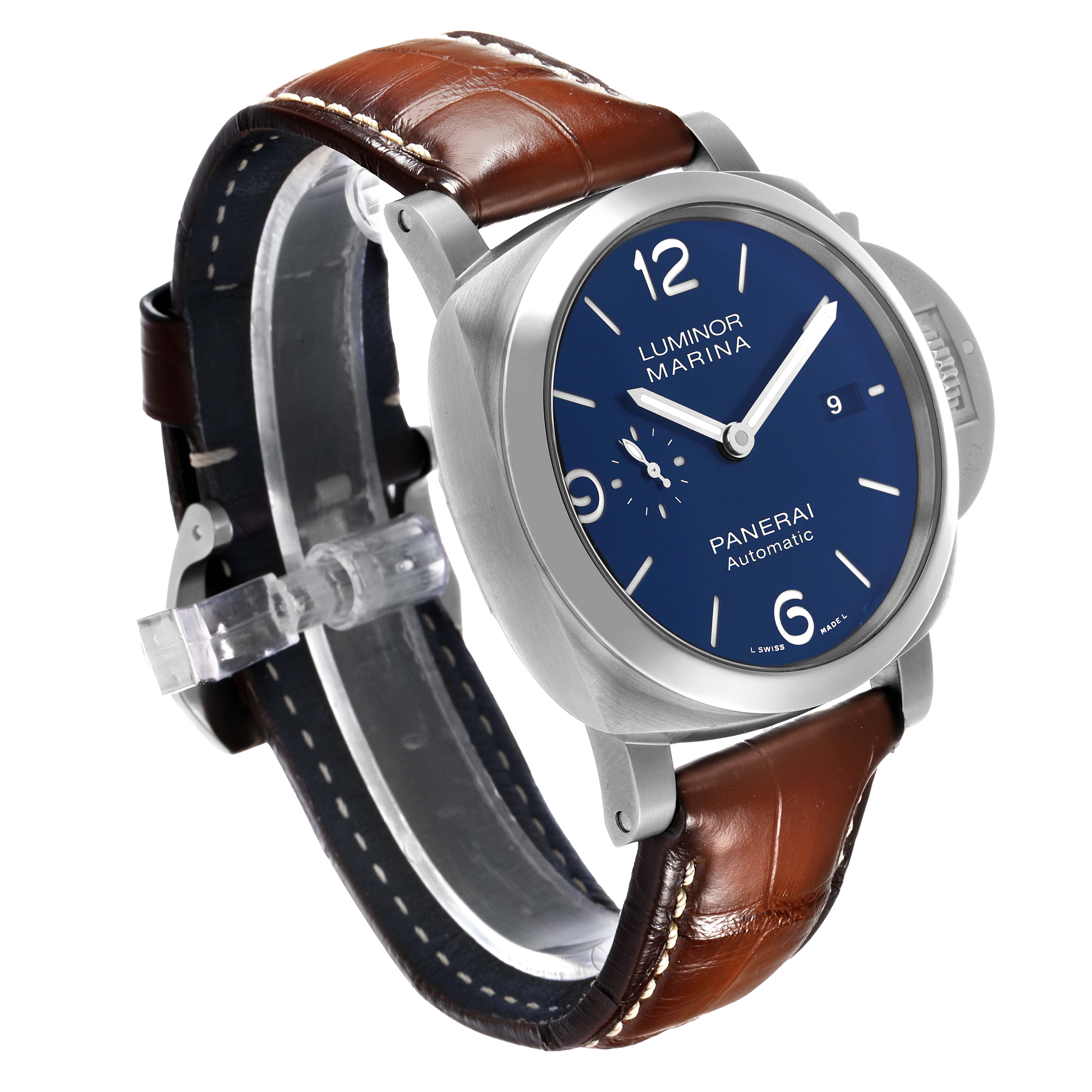 The Panerai Luminor PAM01370 Men's Stainless Steel Blue Dial watch is shown at a three-quarter angle, displaying the face, case, crown guard, and brown leather strap.