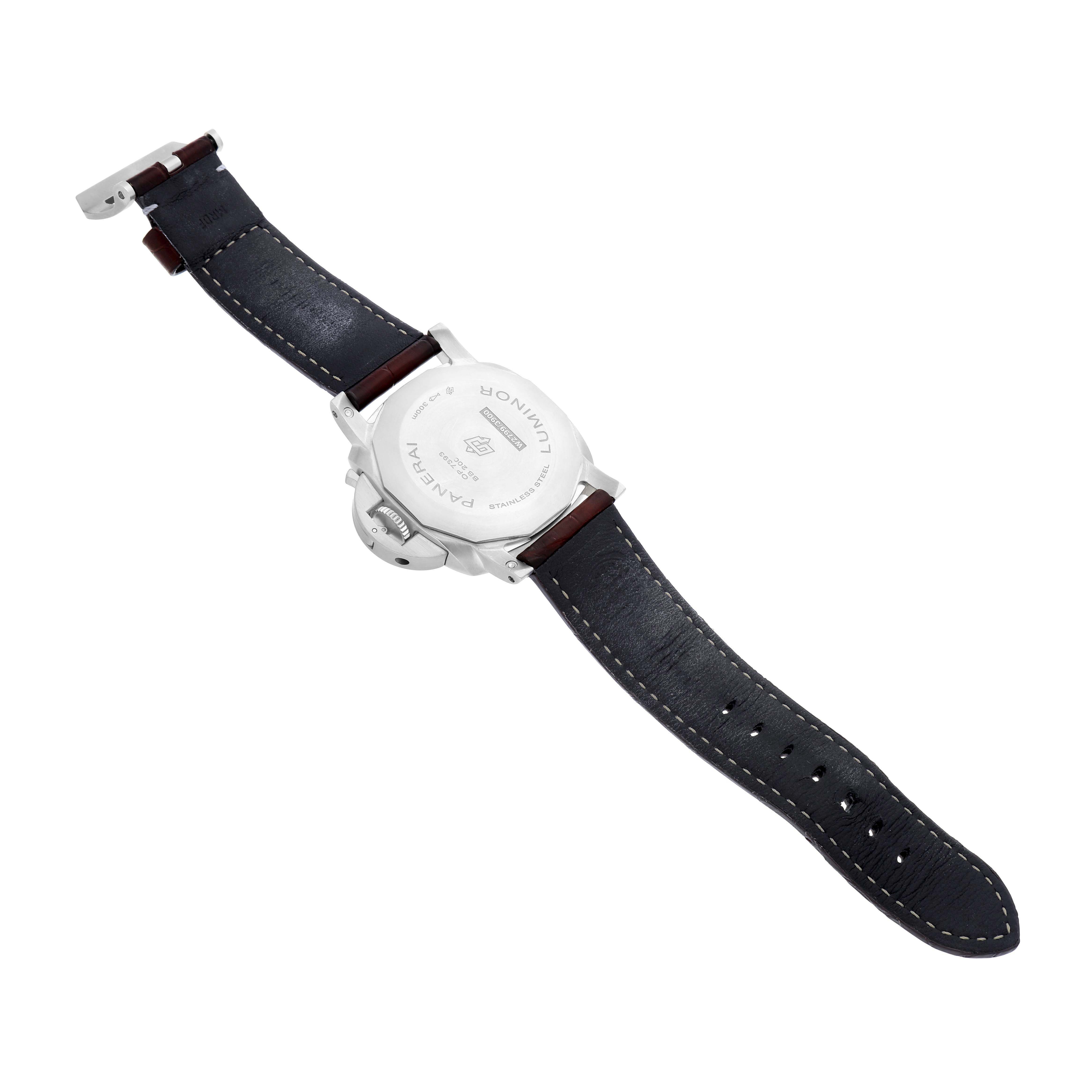 The image shows the back of a Panerai Luminor PAM01370 Men's Stainless Steel Blue Dial watch, emphasizing the case back and leather strap.