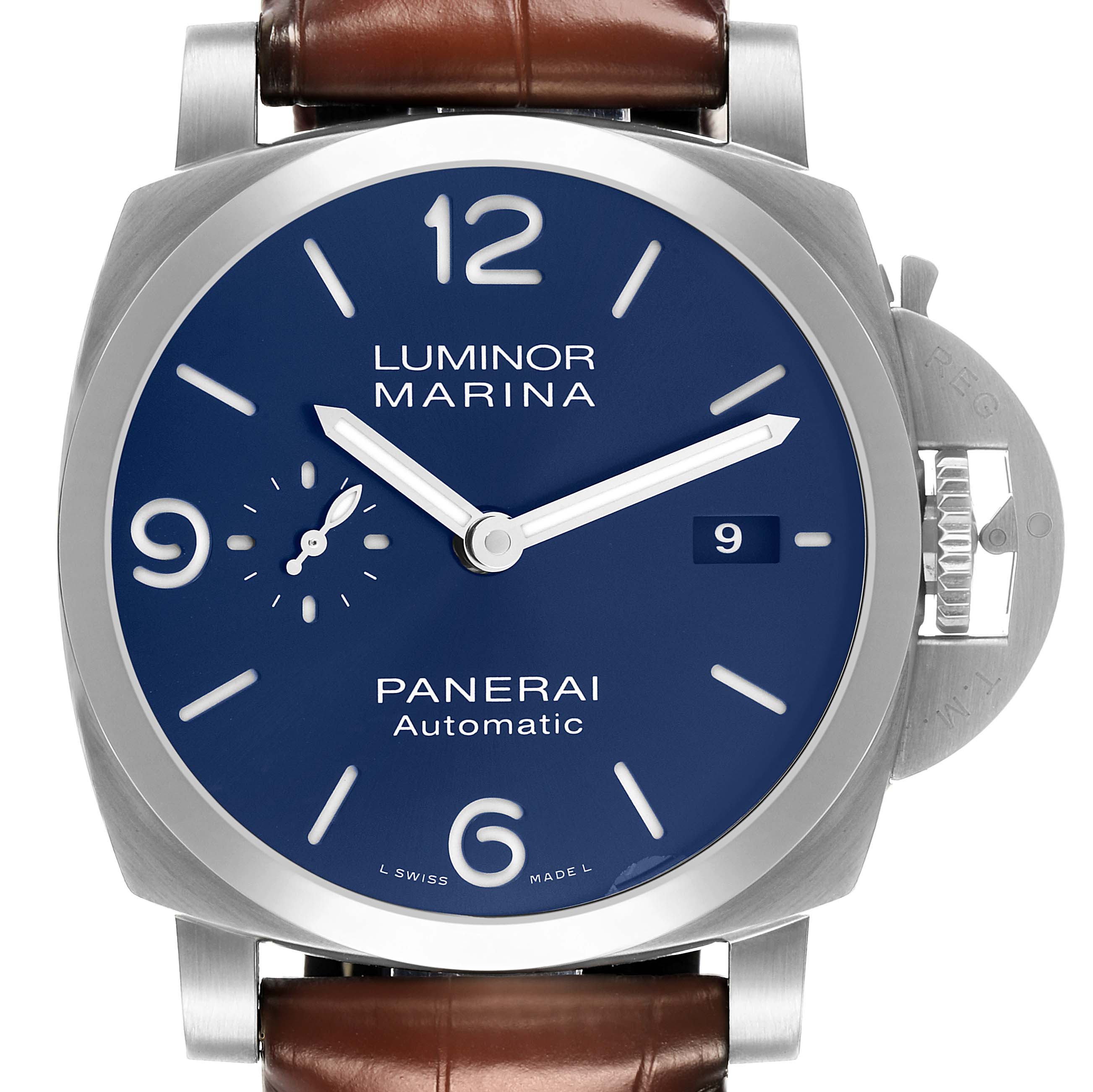 The Panerai Luminor PAM01370 Men's Stainless Steel Blue Dial watch is shown from a front view, displaying the dial, hands, and side crown guard.