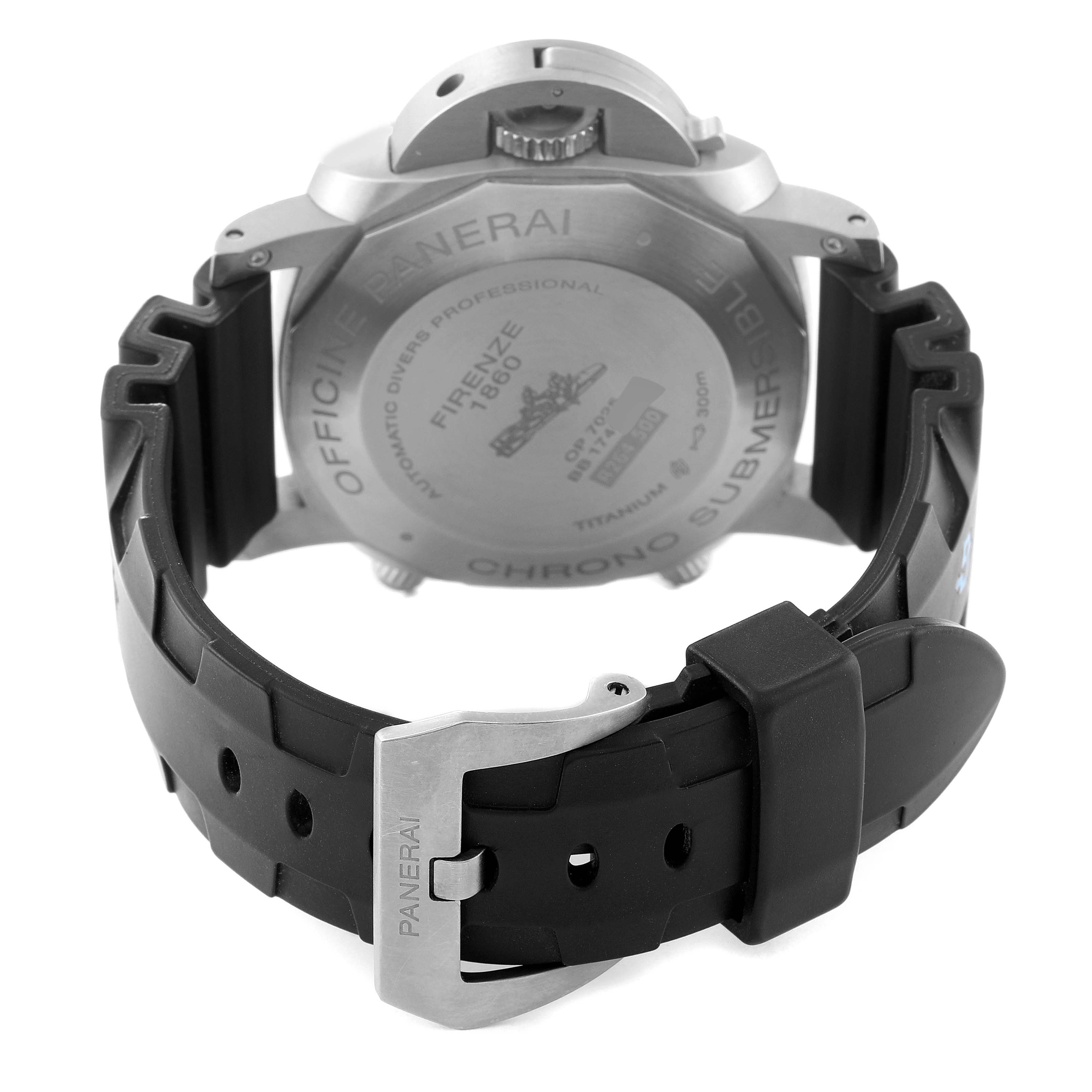 The image shows the back view of the Panerai Submersible PAM00615 Men's Titanium Black Dial PAM00615 Men's Titanium Black Dial watch, highlighting the case back and the clasp of the strap.