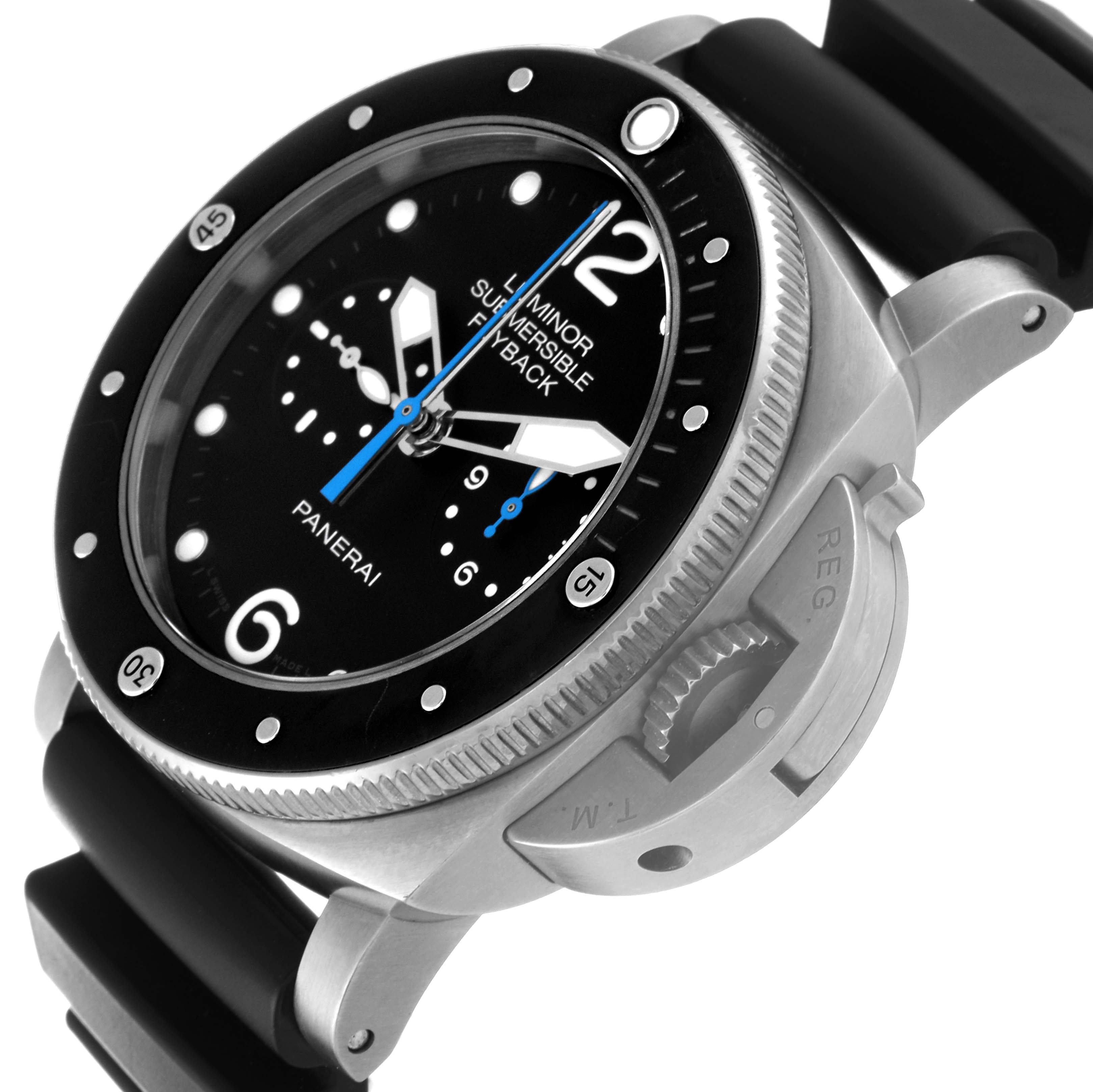 This image shows a close-up angle of the Panerai Submersible PAM00615 Men's Titanium Black Dial PAM00615 Men's Titanium Black Dial watch, highlighting the dial, bezel, and crown guard.