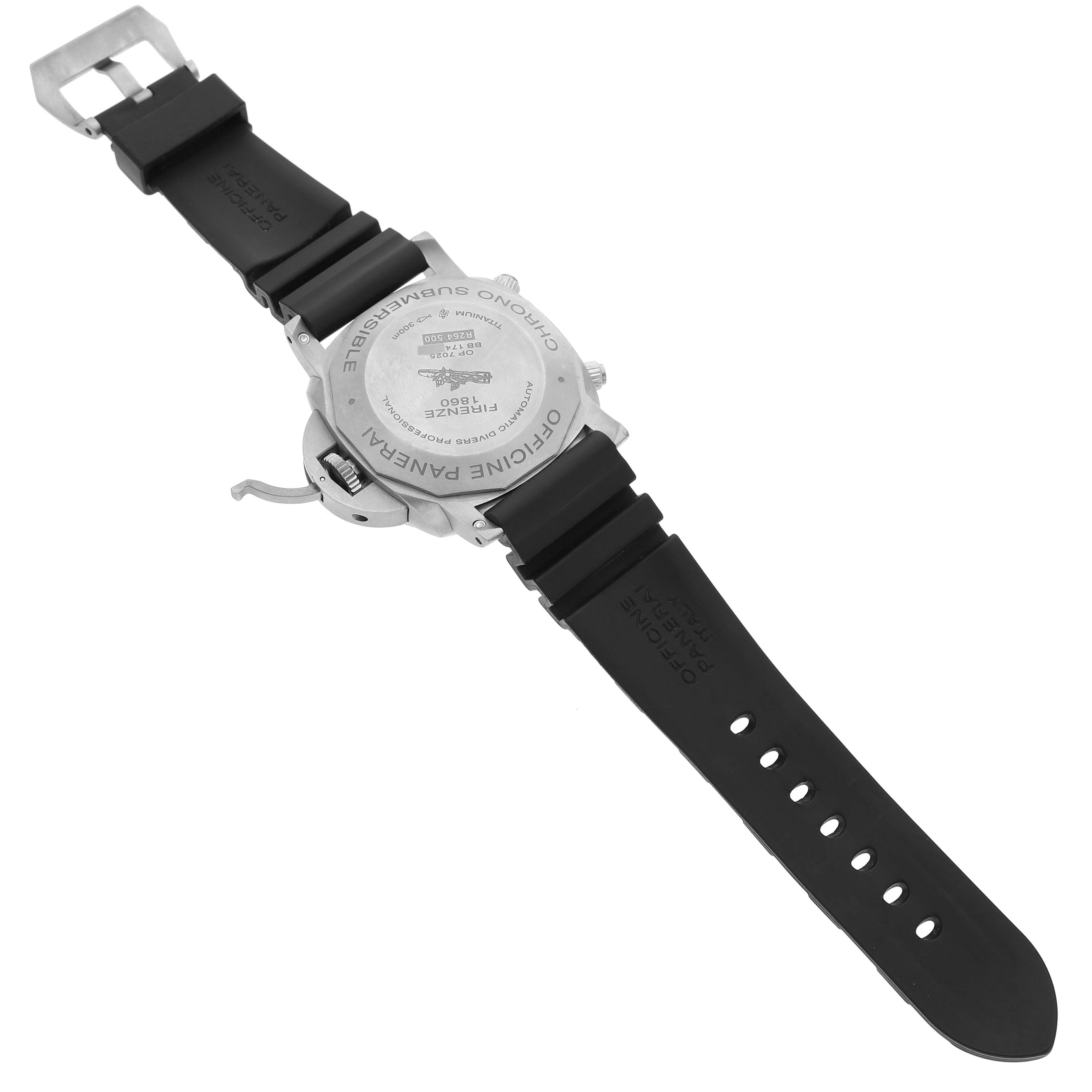 The image shows the backside and strap of a Panerai Submersible PAM00615 Men's Titanium Black Dial PAM00615 Men's Titanium Black Dial watch, highlighting the case back and buckle.