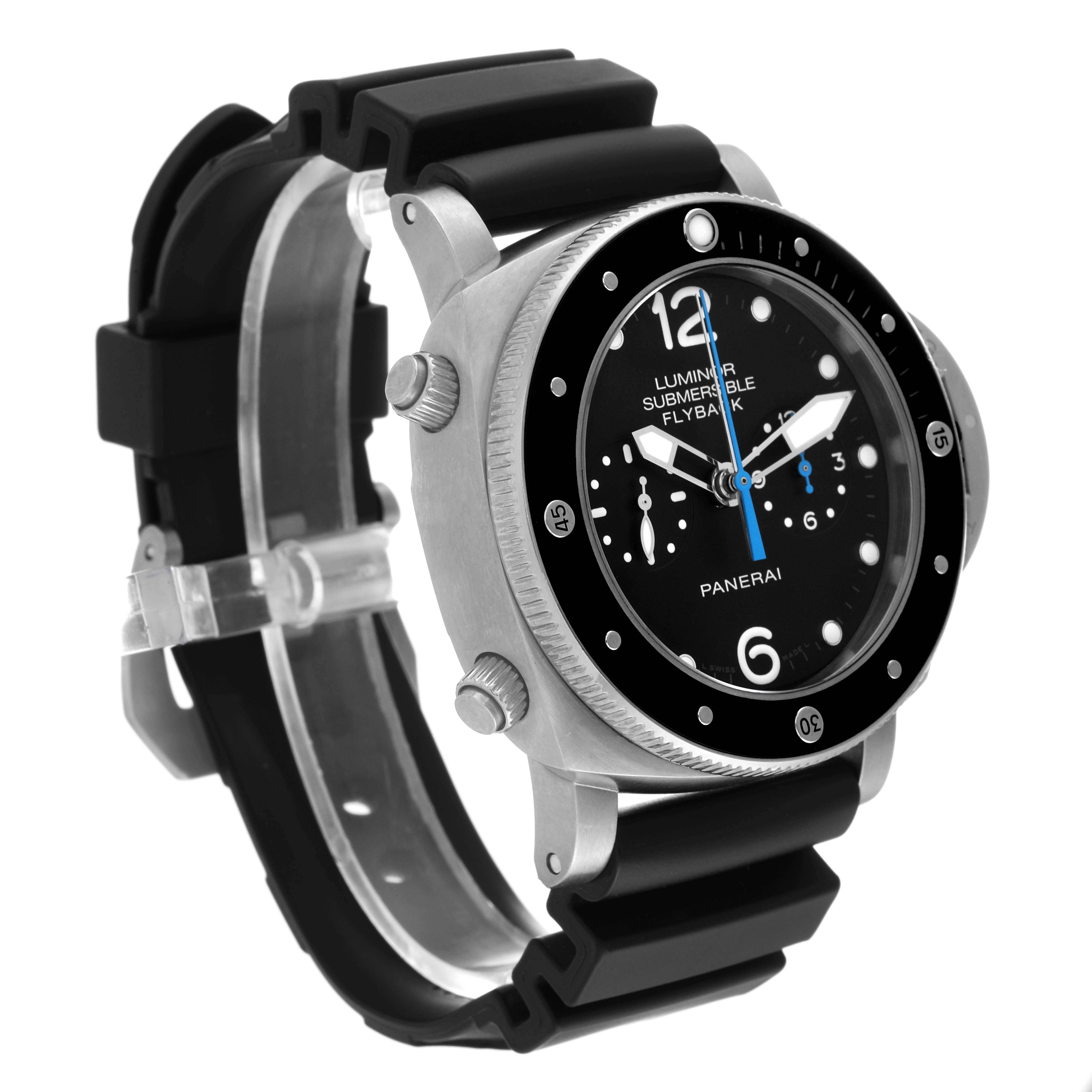 The Panerai Submersible PAM00615 Men's Titanium Black Dial PAM00615 Men's Titanium Black Dial watch is shown at a side angle, highlighting its dial, bezel, case, and rubber strap.