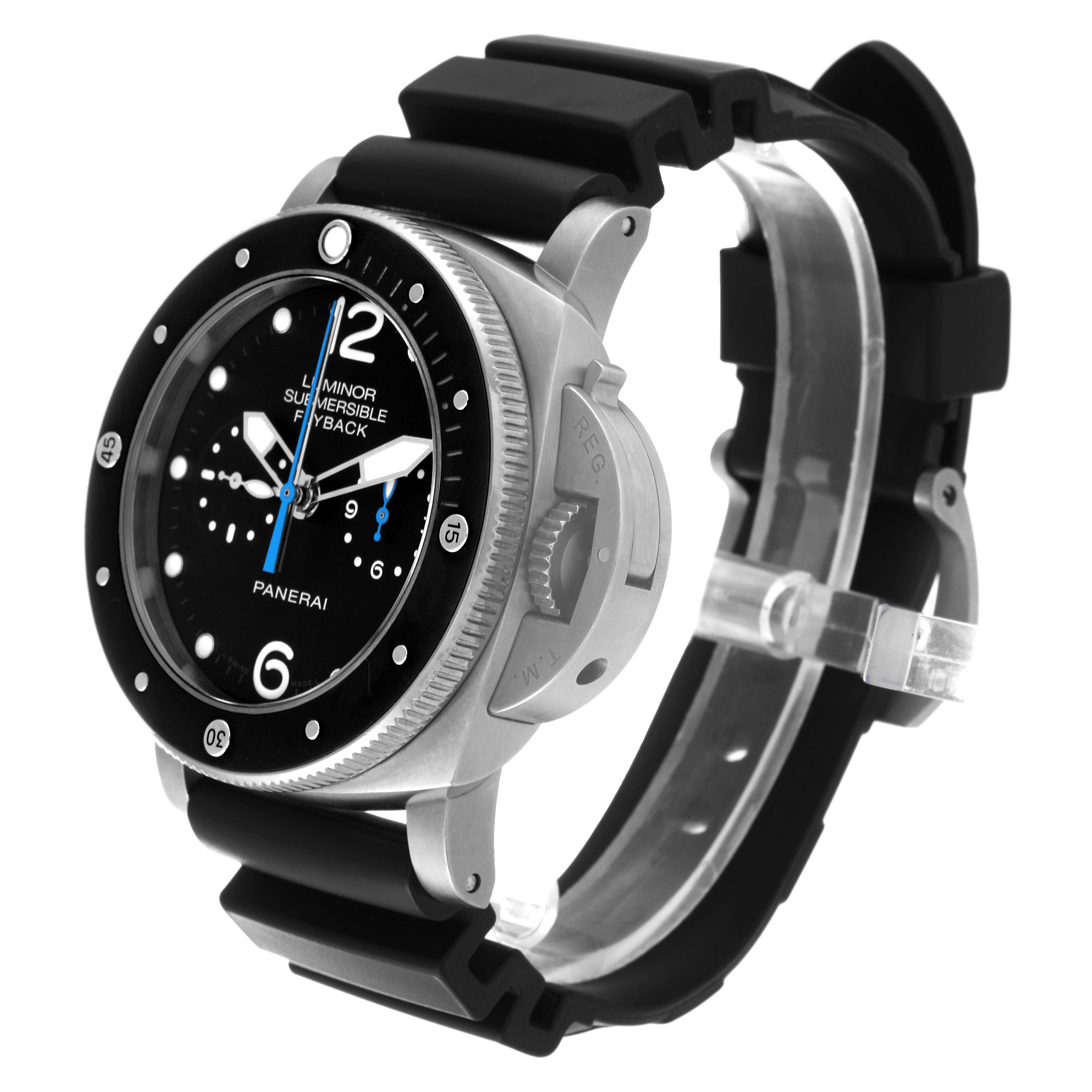 The image shows a Panerai Submersible PAM00615 Men's Titanium Black Dial PAM00615 Men's Titanium Black Dial watch from a 3/4 angle, highlighting its bezel, dial, crown guard, and rubber strap.