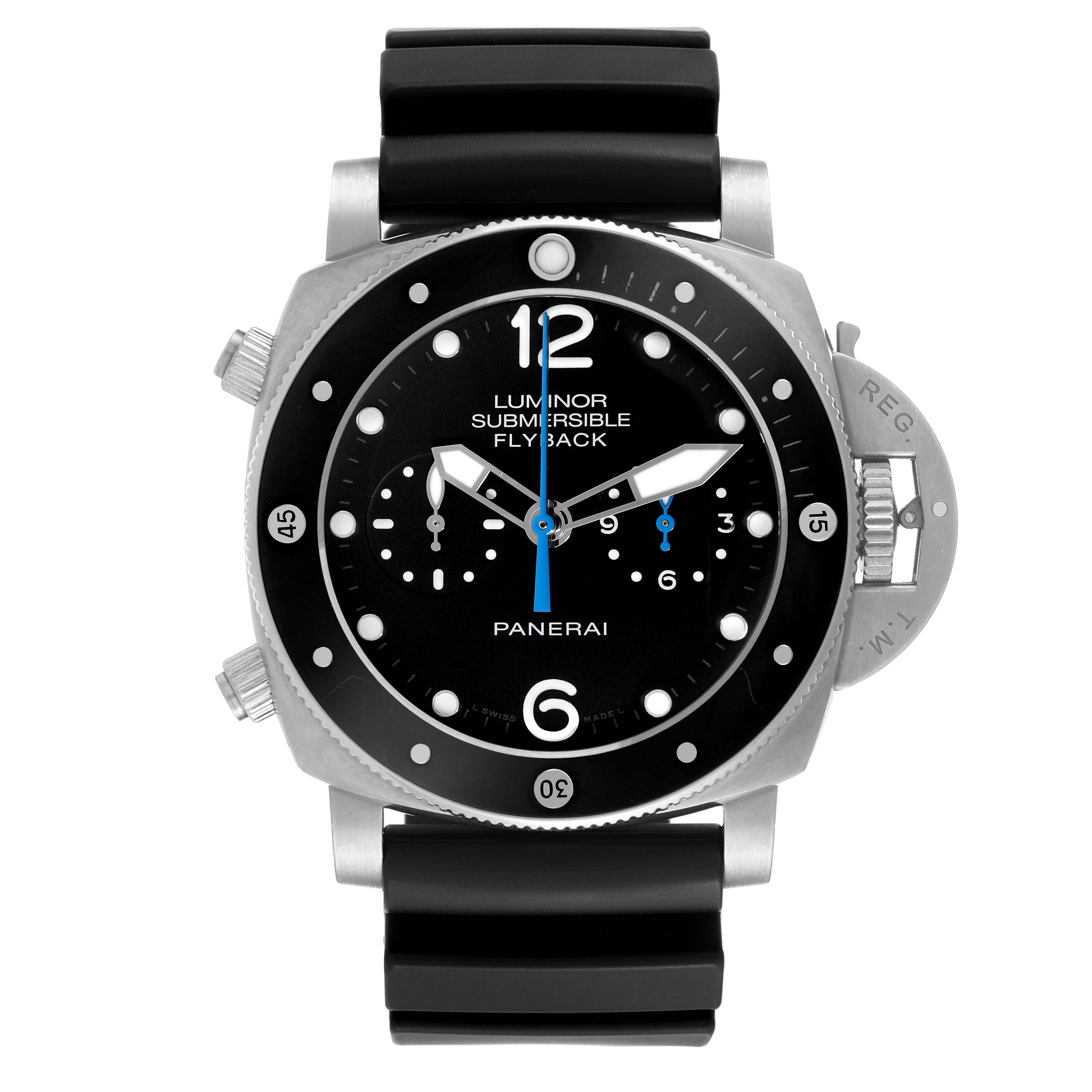 This image shows a front view of the Panerai Luminor Submersible Flyback watch, highlighting its bezel, dial, and rubber strap.