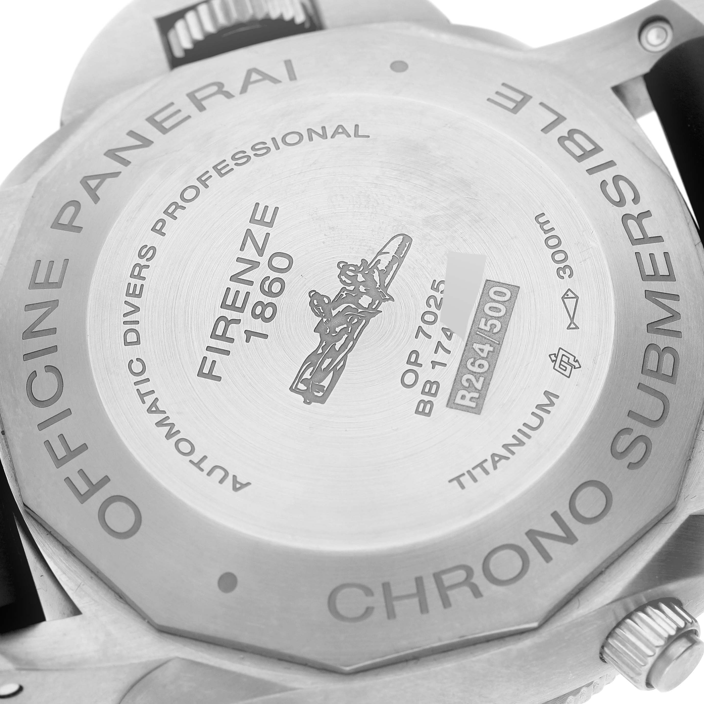 The image shows the back case of a Panerai Submersible PAM00615 Men's Titanium Black Dial PAM00615 Men's Titanium Black Dial watch, featuring inscriptions and specification details.