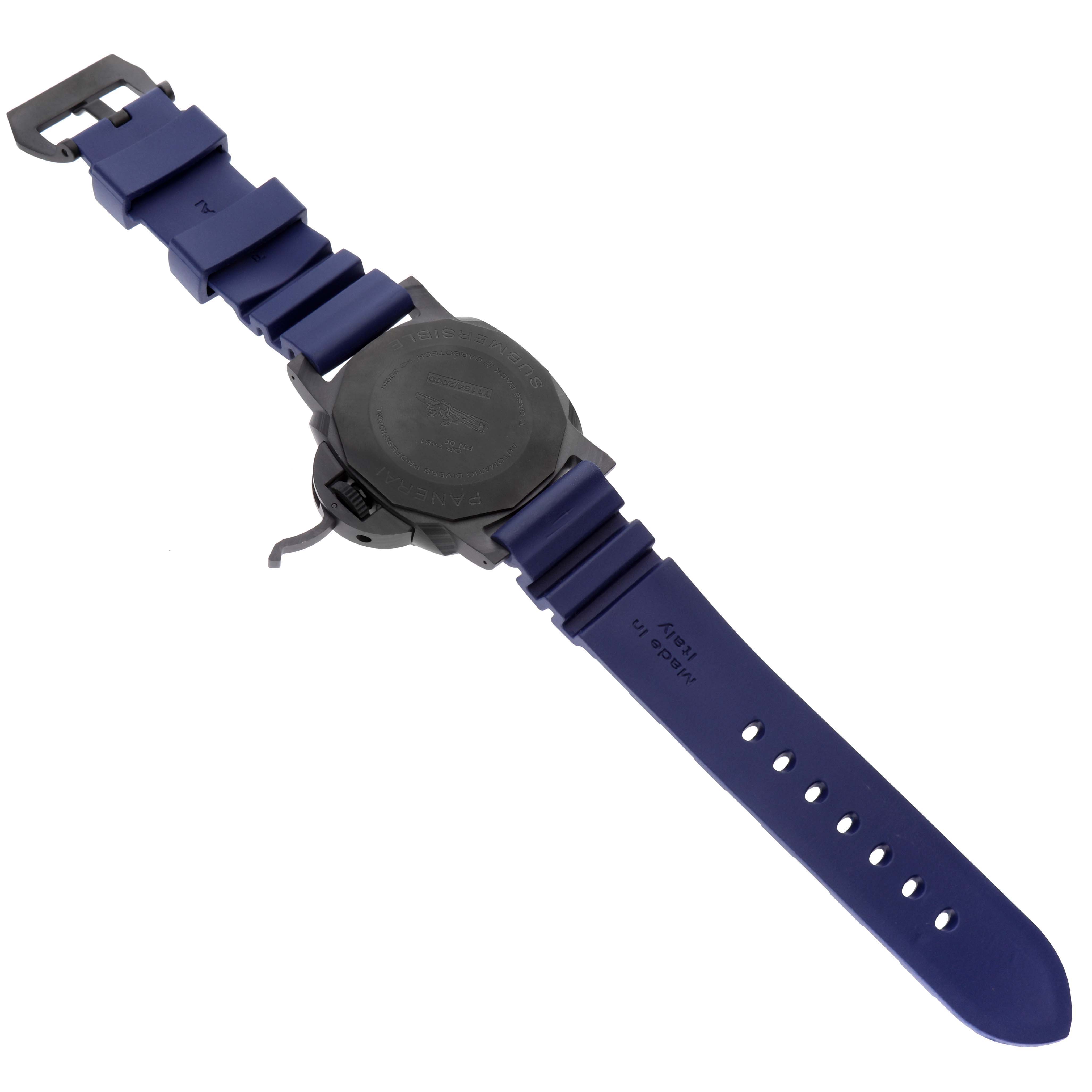 The image shows the back and strap of the Panerai Submersible PAM01232 Men
s Titanium Blue Dial PAM01232 Men
s Titanium Blue Dial watch, with a blue rubber band and visible buckle.