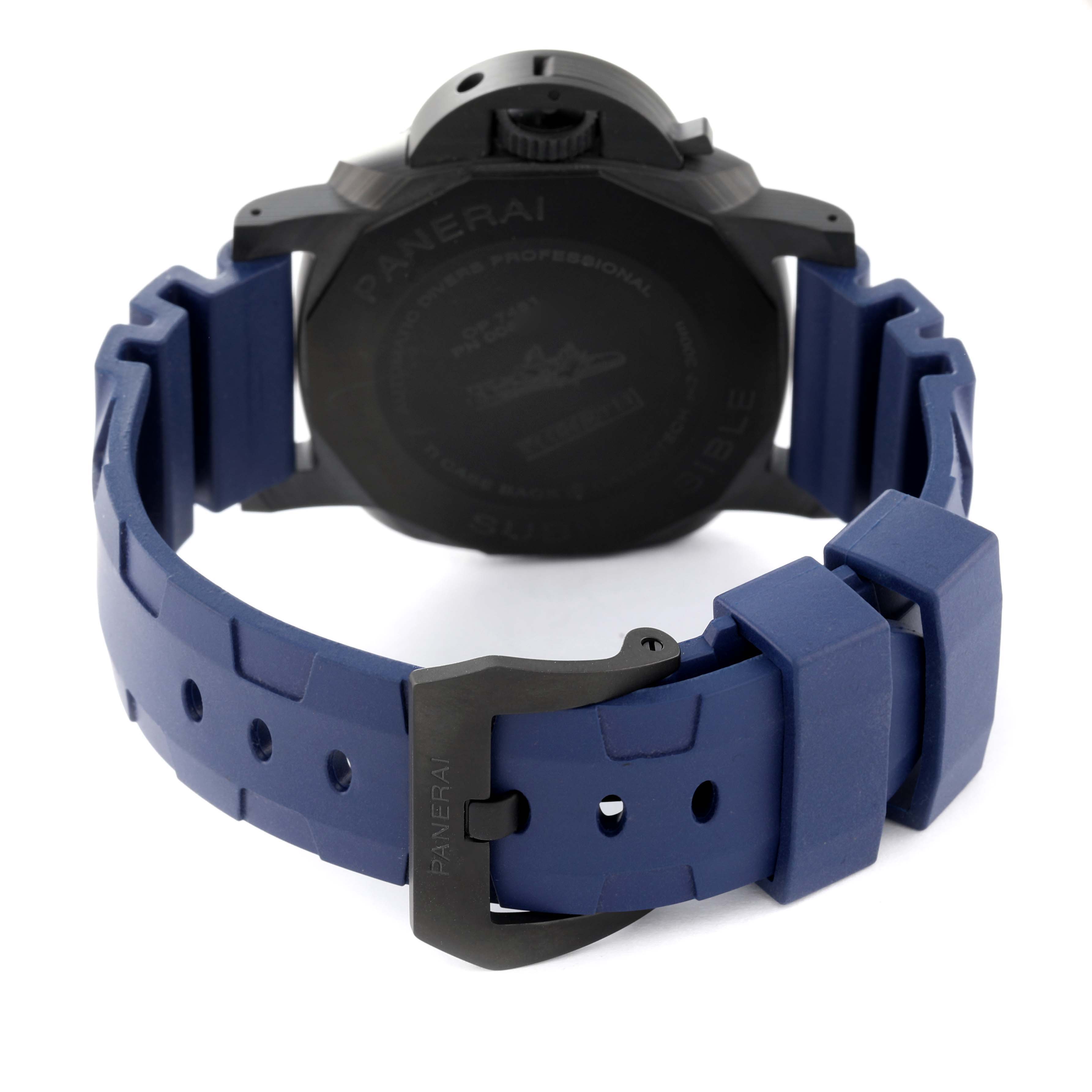The image shows the back view of a Panerai Submersible PAM01232 Men
s Titanium Blue Dial PAM01232 Men
s Titanium Blue Dial watch with a blue strap and a black buckle.