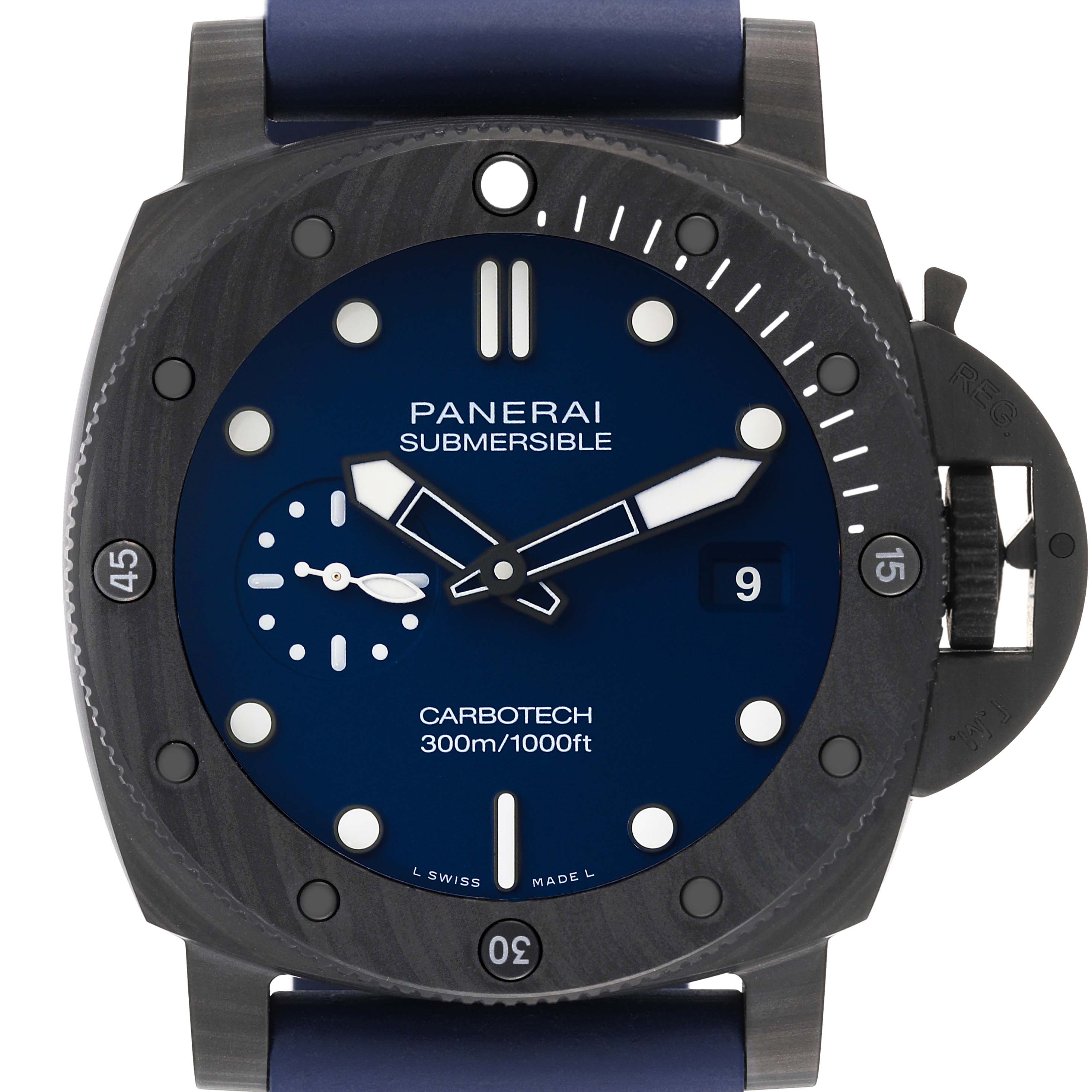 The image shows a frontal view of the Panerai Submersible PAM01232 Men
s Titanium Blue Dial PAM01232 Men
s Titanium Blue Dial watch, highlighting its dial, bezel, and crown protector.