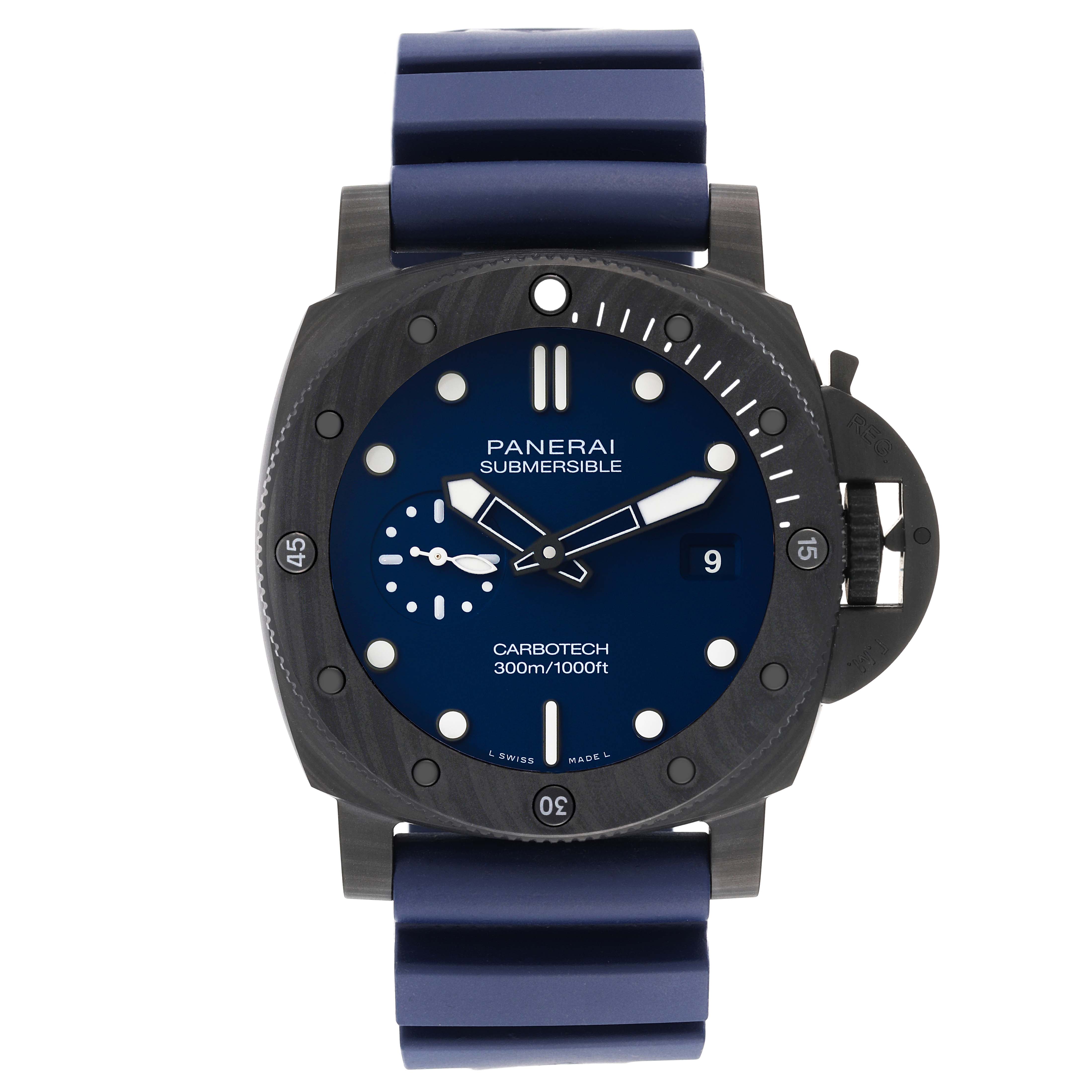 The image shows a front view of a Panerai Submersible PAM01232 Men
s Titanium Blue Dial PAM01232 Men
s Titanium Blue Dial watch with a blue dial and strap.
