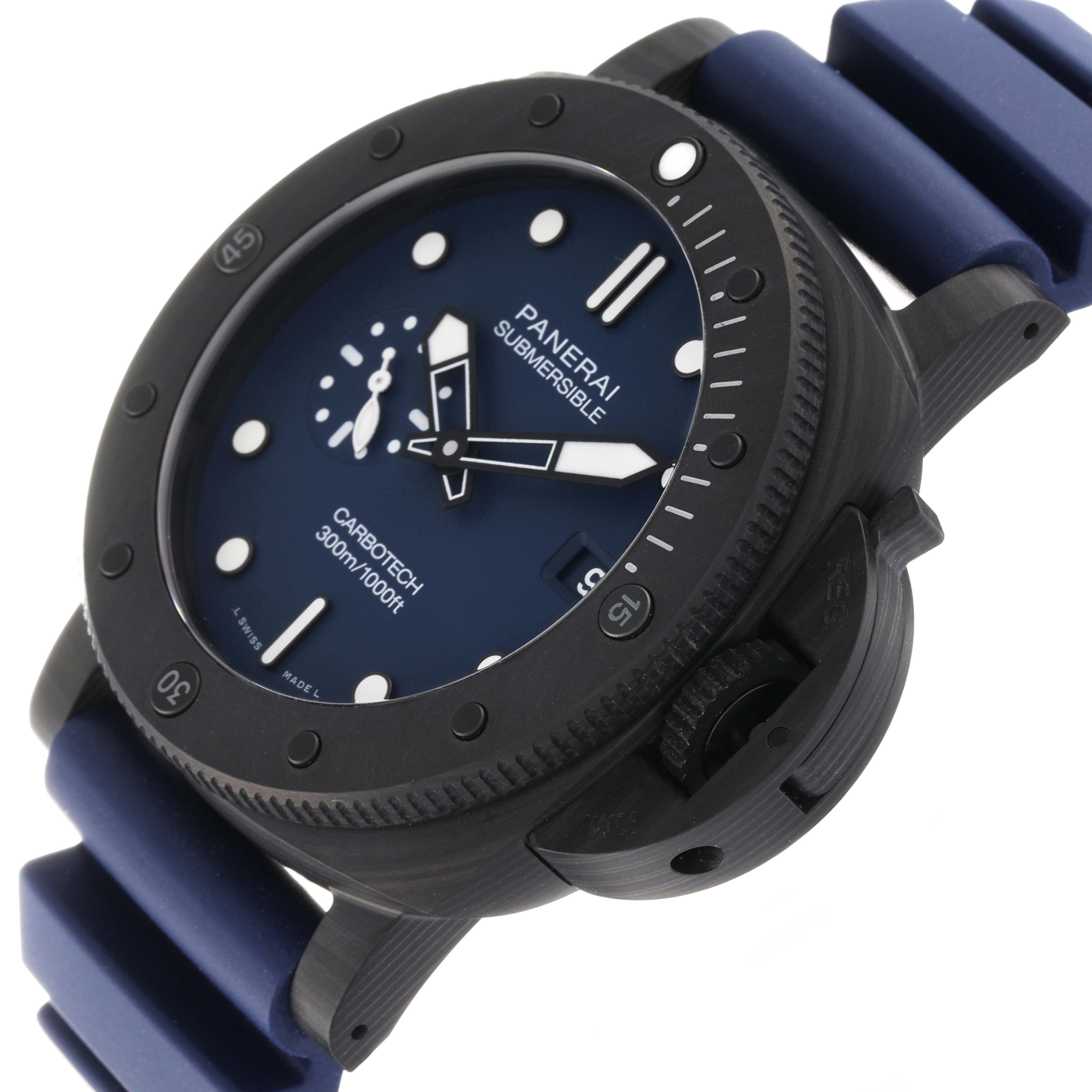 The image shows a Panerai Submersible PAM01232 Men
s Titanium Blue Dial PAM01232 Men
s Titanium Blue Dial watch from a front-angle highlighting the face, bezel, crown guard, and part of the strap.