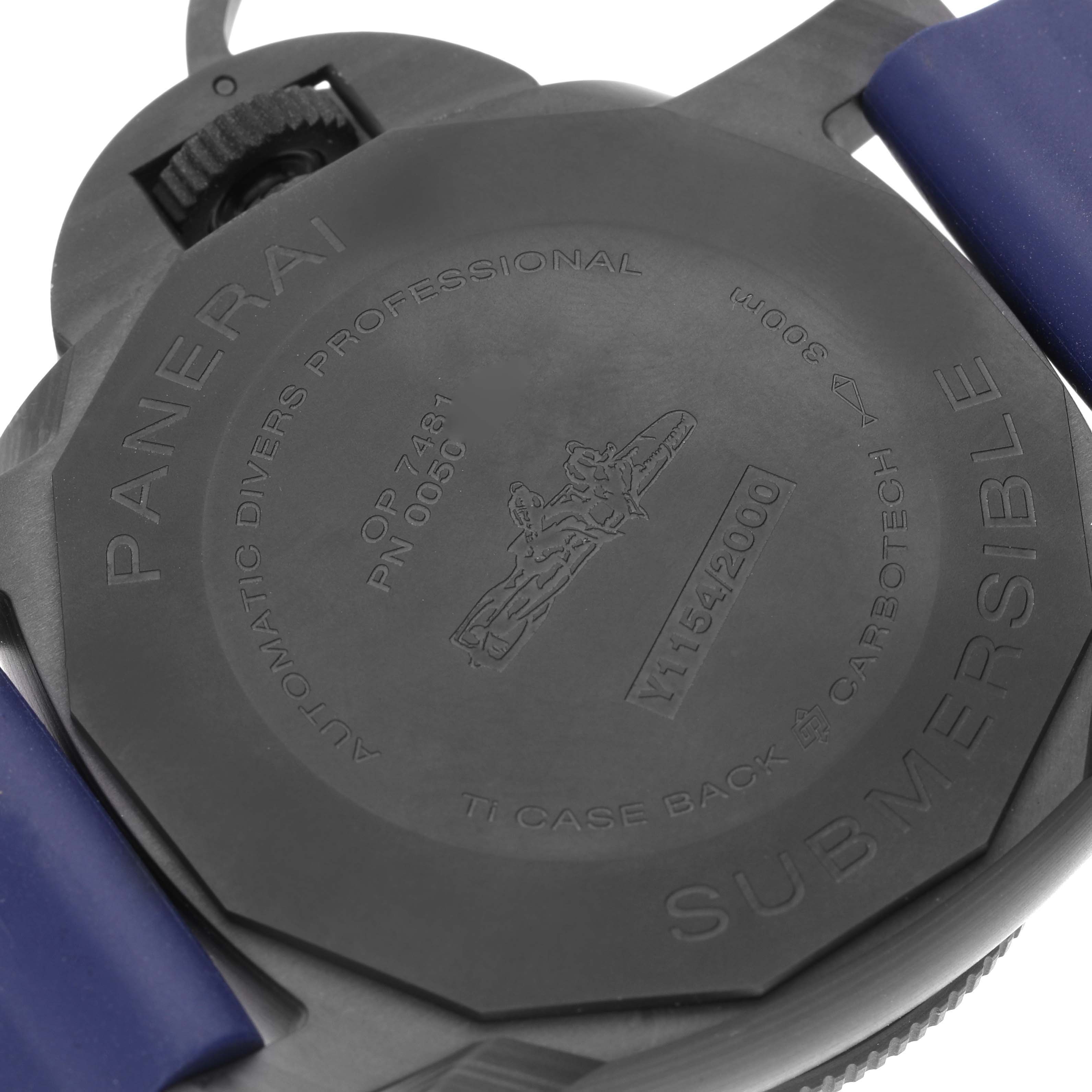 The image shows the back case of a Panerai Submersible PAM01232 Men
s Titanium Blue Dial PAM01232 Men
s Titanium Blue Dial watch featuring its engravings and blue strap.