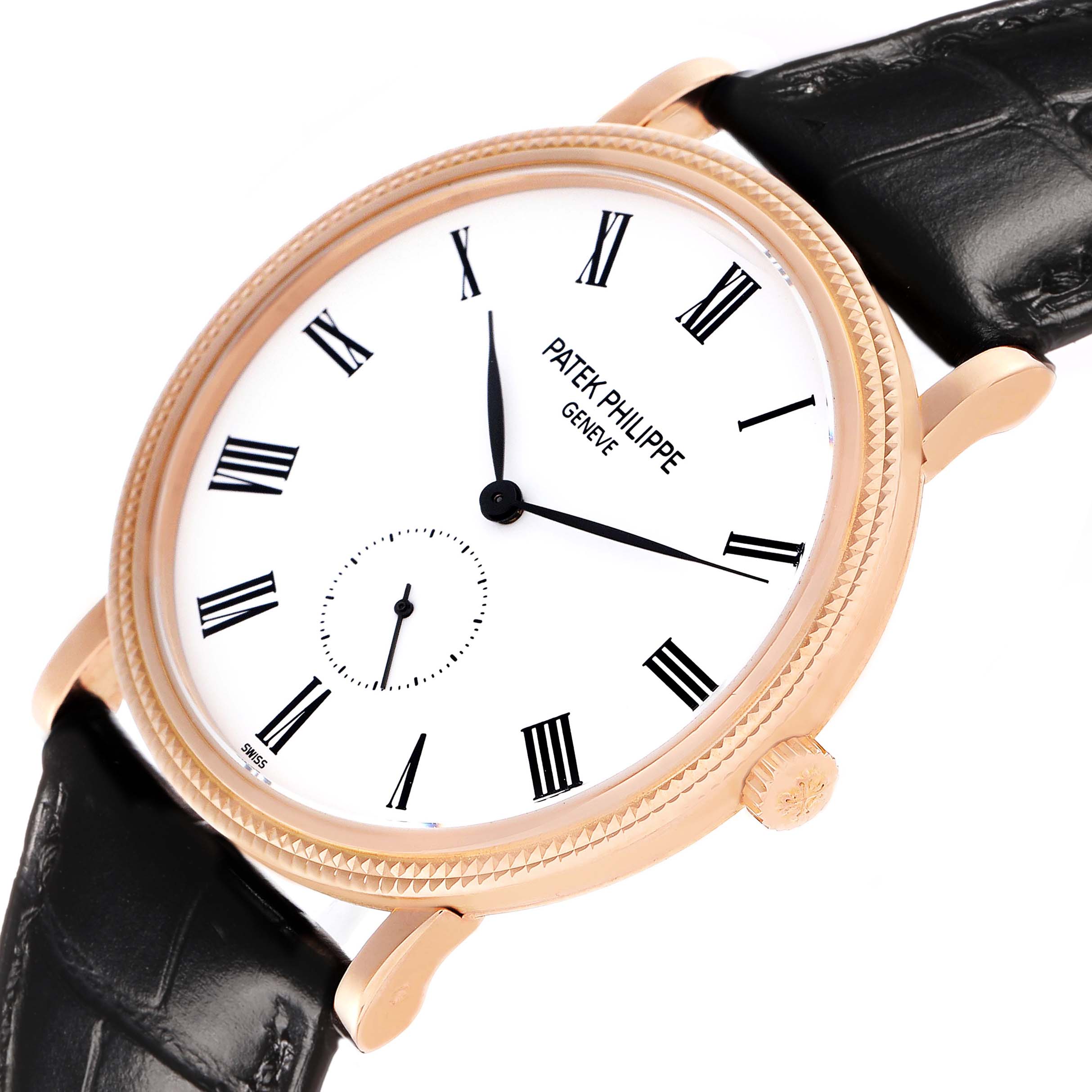 The Patek Philippe Calatrava 5119R-001 Men's Rose Gold White Dial watch is shown from a front angle, highlighting the dial, hands, crown, and part of the strap.
