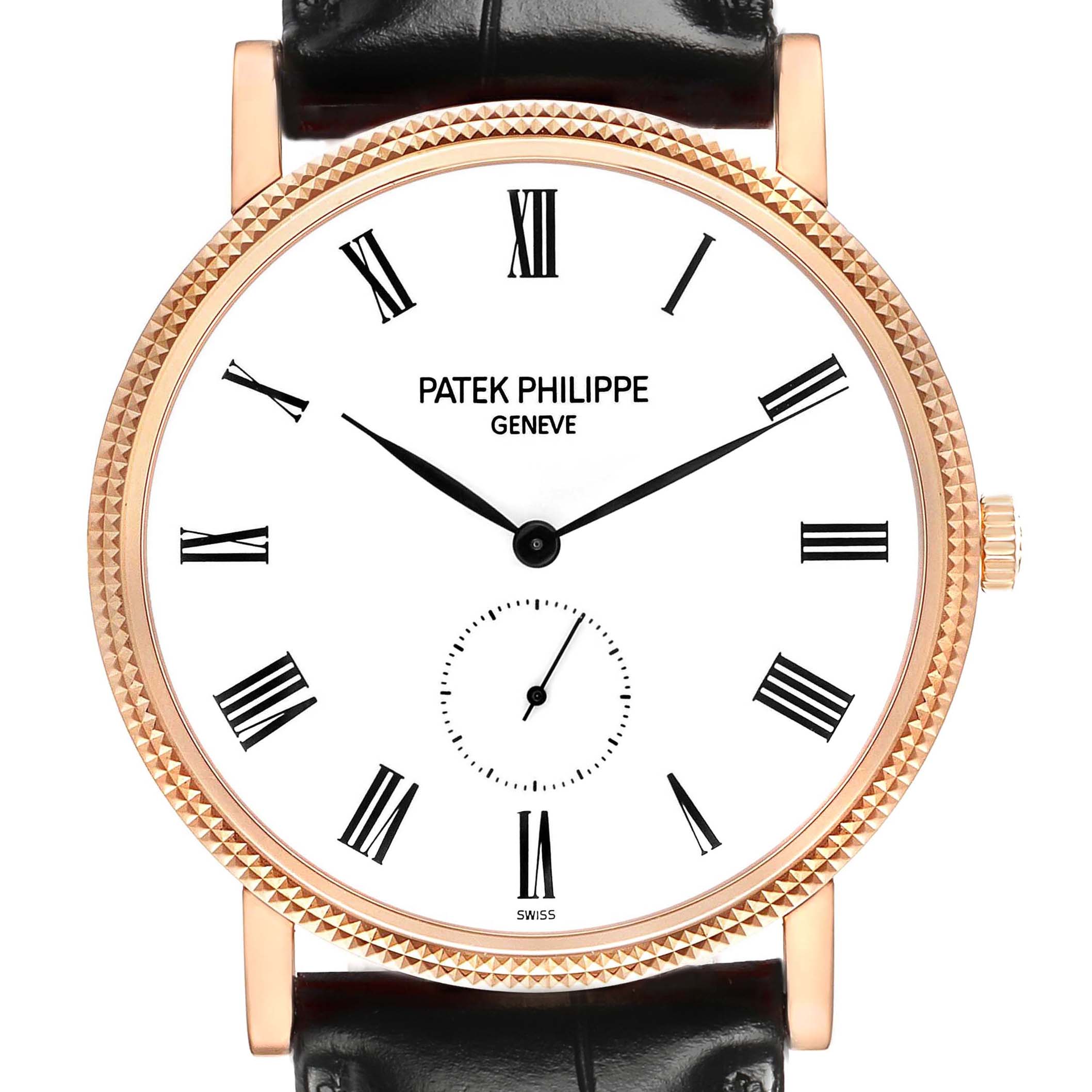 The Patek Philippe Calatrava 5119R-001 Men's Rose Gold White Dial watch is shown from a front angle, featuring the dial, hands, and part of the strap.