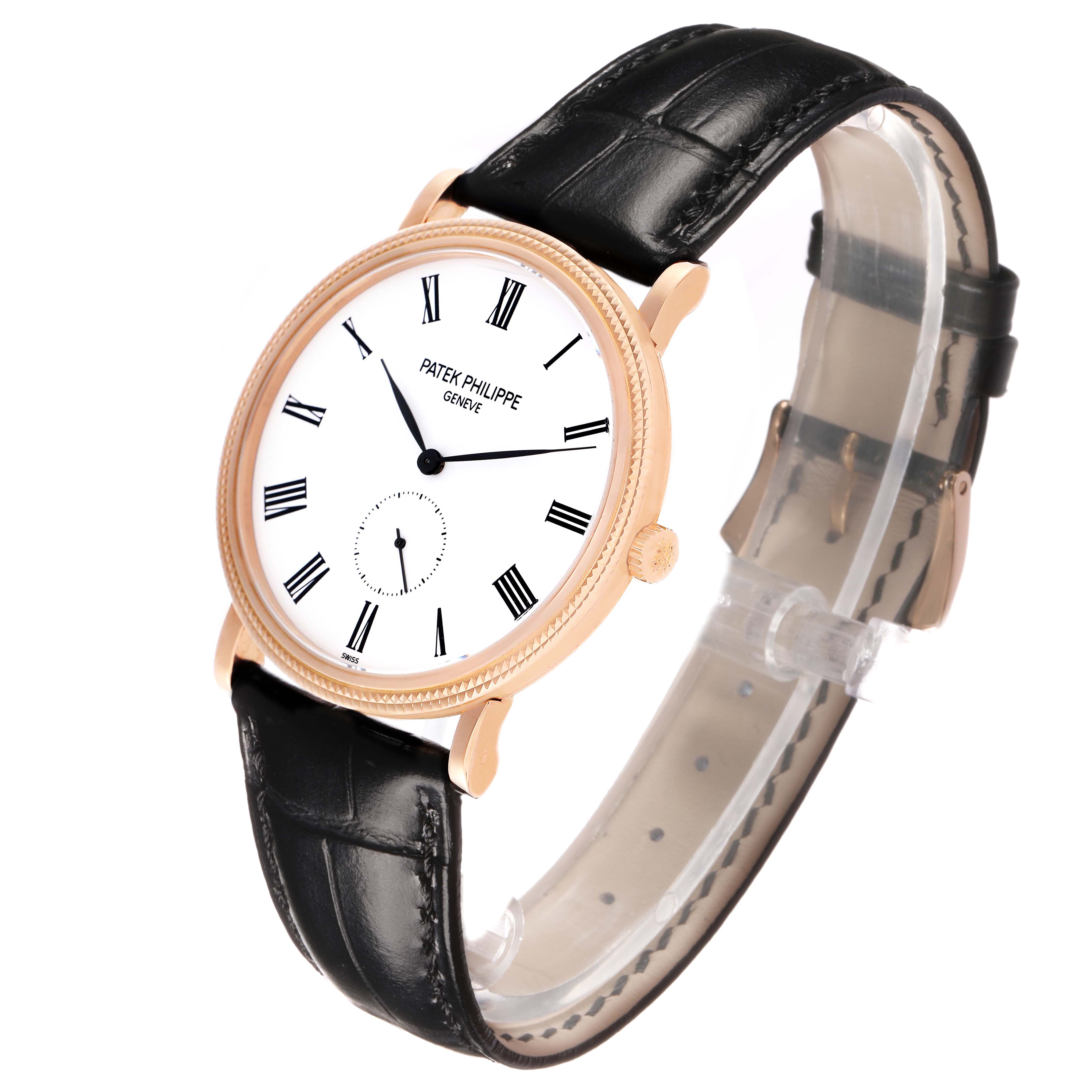 The Patek Philippe Calatrava 5119R-001 Men's Rose Gold White Dial watch is shown at an angled side view, featuring its gold case, white dial with Roman numerals, and black leather strap.